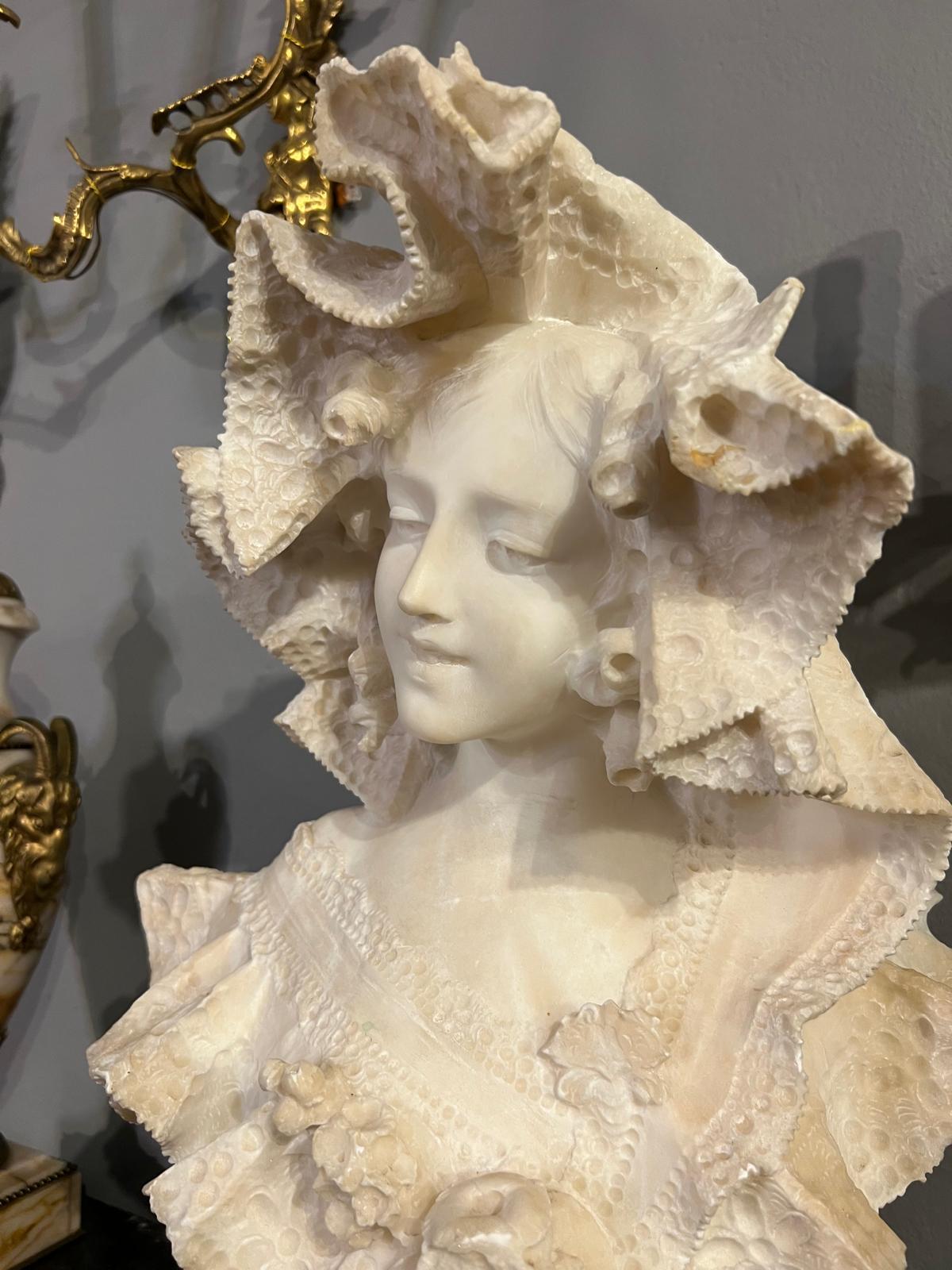 Art Nouveau 19th Century Bust of a Young Lady in White Marble by Flli Romanelli For Sale