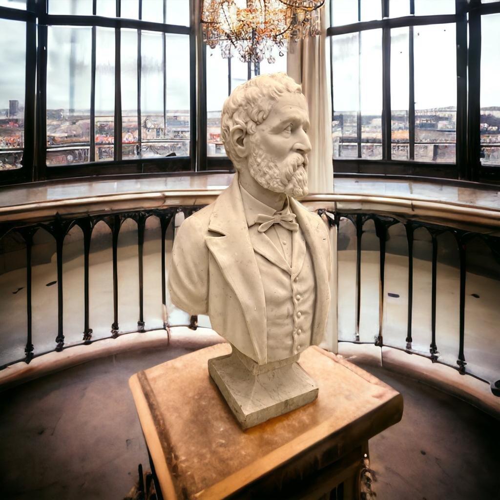 A large bust of a noble man from the end of the 19th century in carrara marble signed by French sculptor, Joseph Vallet, who born in La Boisiére du Doré on August 6, 1841, and died in Nantes on April 29, 1920. Joseph Vallet was mainly active as an