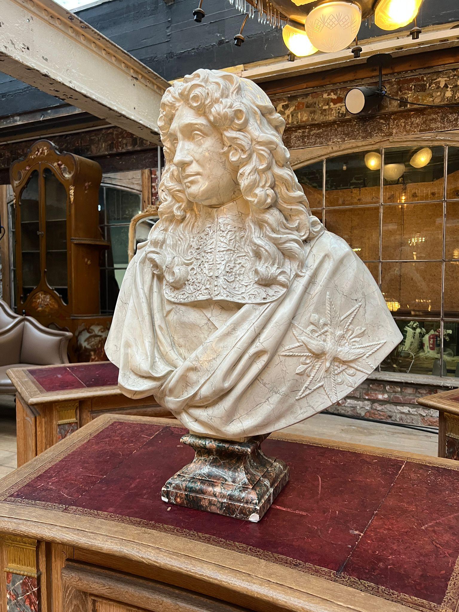 This elegant 19th-century plaster bust represents Jean-Baptiste Colbert, the powerful Minister of Finances under Louis XIV, and is executed after the renowned model by Antoine Coysevox (1640–1720).

The sculpture is made of beautifully patinated