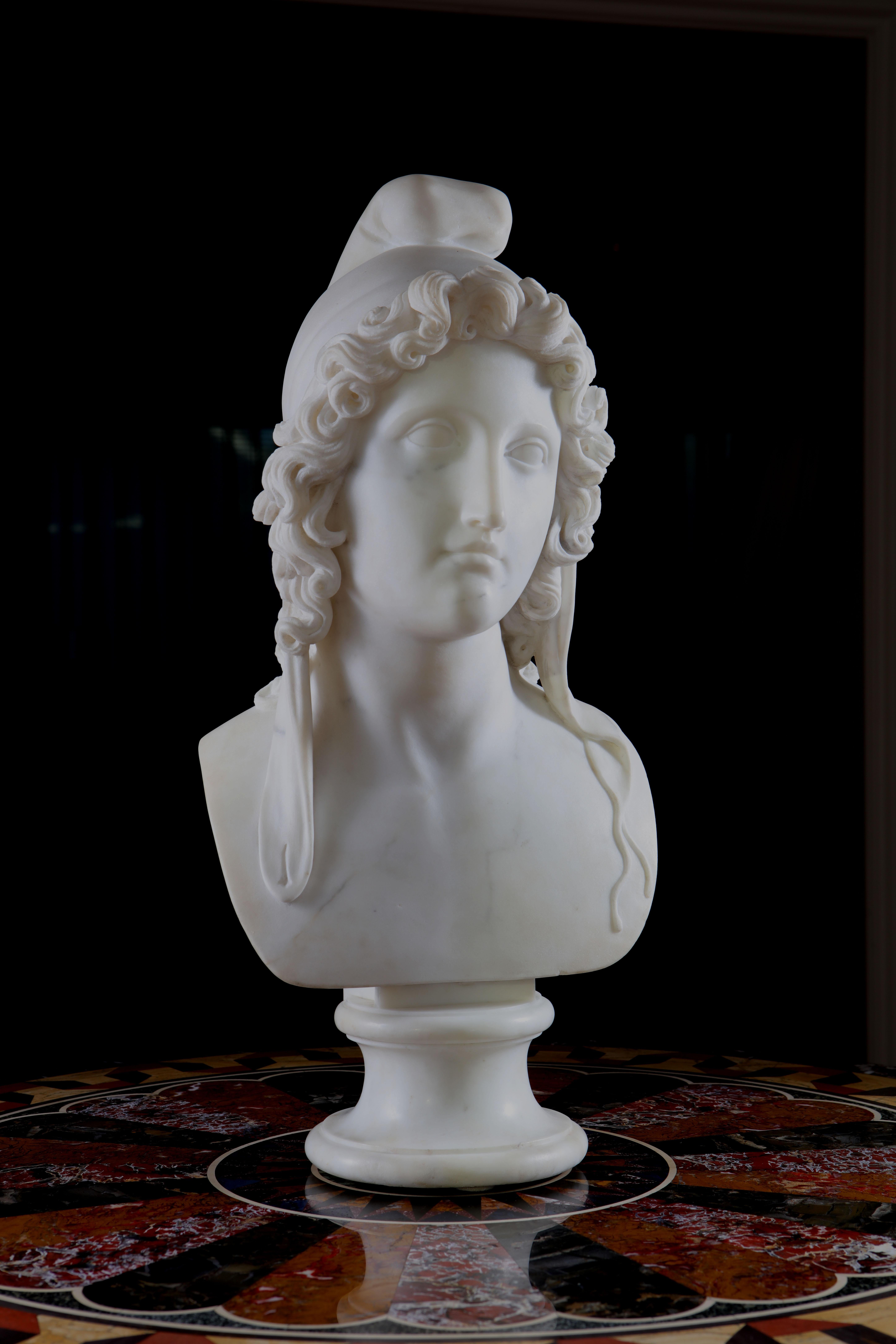 Carrara marble classical bust of Paris wearing a Phrygian cap after Antonio Canova 1757–1822

One of the great Neoclassical sculptor Canova's most famous compositions represents Paris judging which of the three goddesses, Juno, Minerva, or Venus,