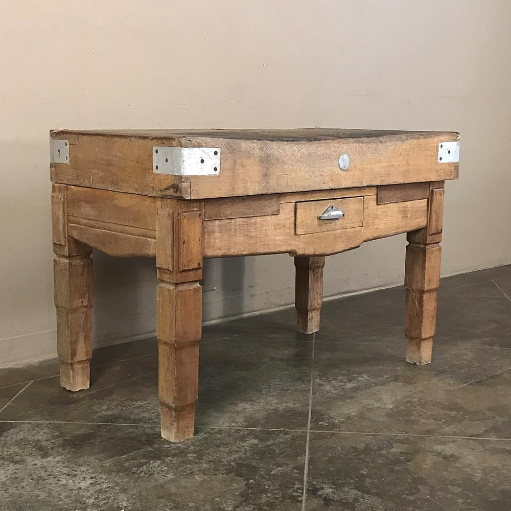 19th century butcher block table is a great choice for extending your kitchen island or providing an interesting table for your rustic décor,
circa 1870s
Measures: 32.5 H x 47 W x 27.5 D.