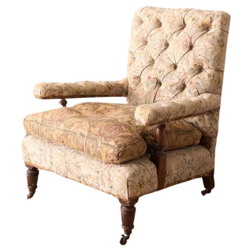 19th century buttoned square back open armchair For Sale