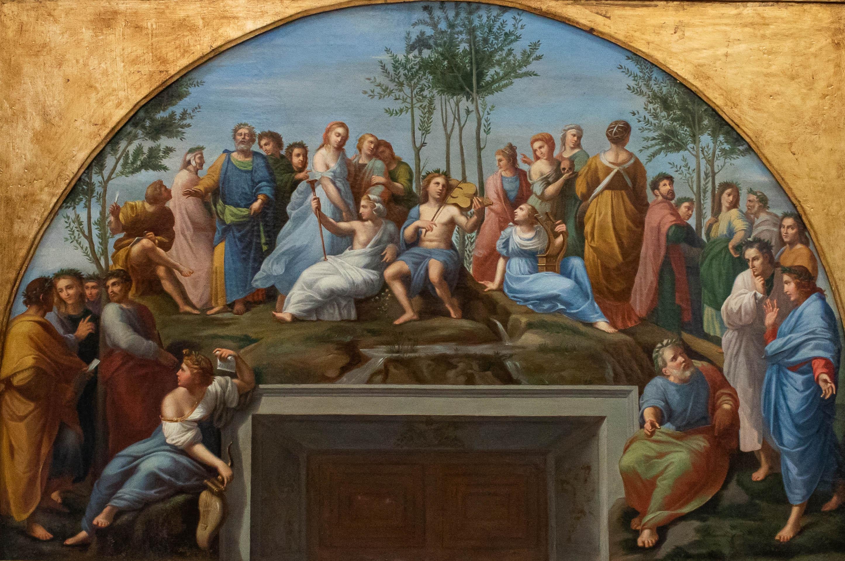 19th century, by Raffaello Sanzio (Urbino, 1483 - Rome, 1520)
The Parnassus
Oil on canvas, 65.5 x 100 cm
Frame 95 x 129 cm

The work examined takes up the fresco by Raphael created to decorate one of the walls of the Stanza della Segnatura of