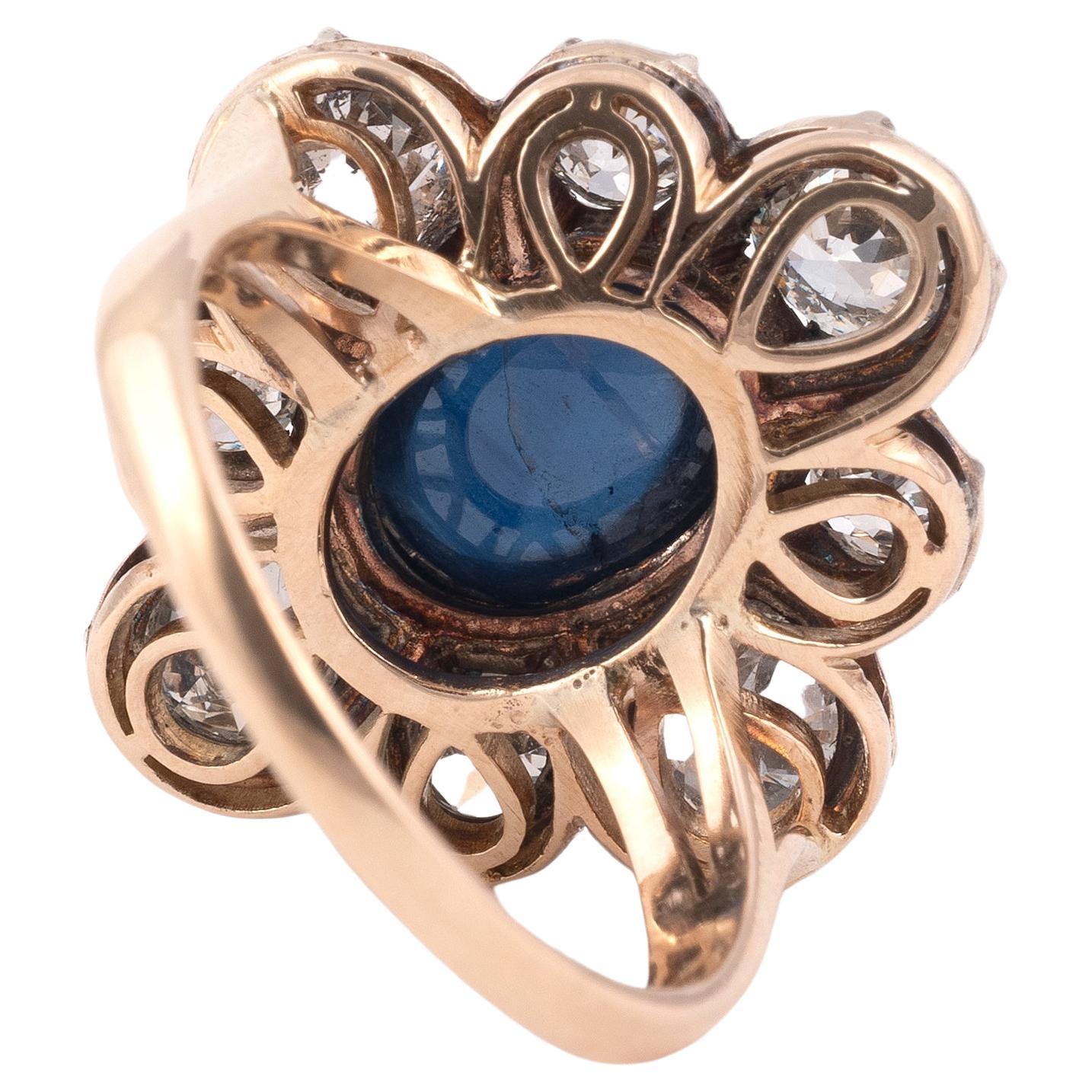 19th Century Cabochon Sapphire And Diamond Cluster Ring In Excellent Condition In Firenze, IT