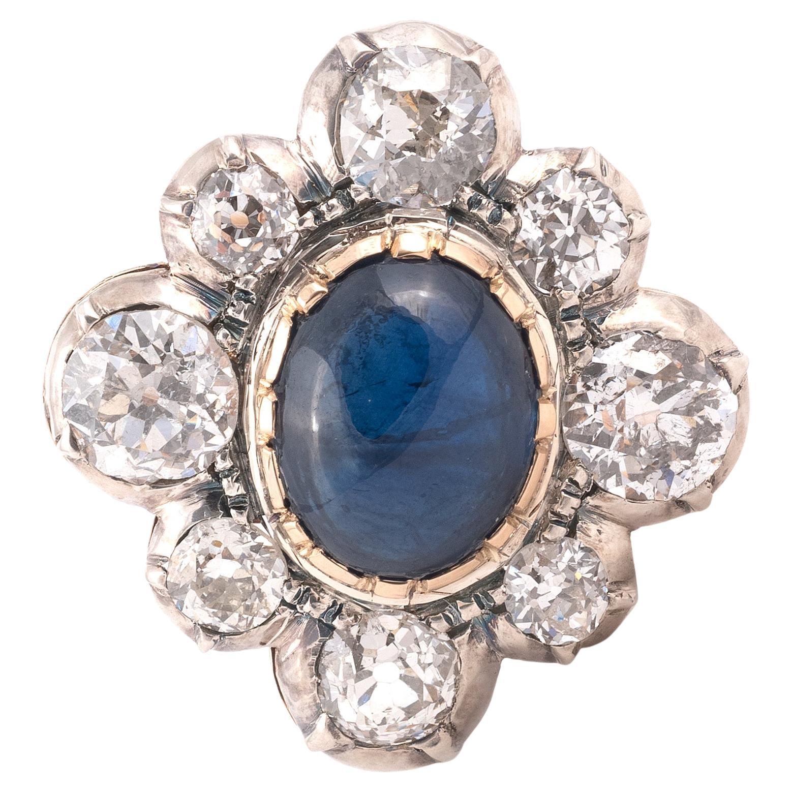 Women's or Men's 19th Century Cabochon Sapphire And Diamond Cluster Ring