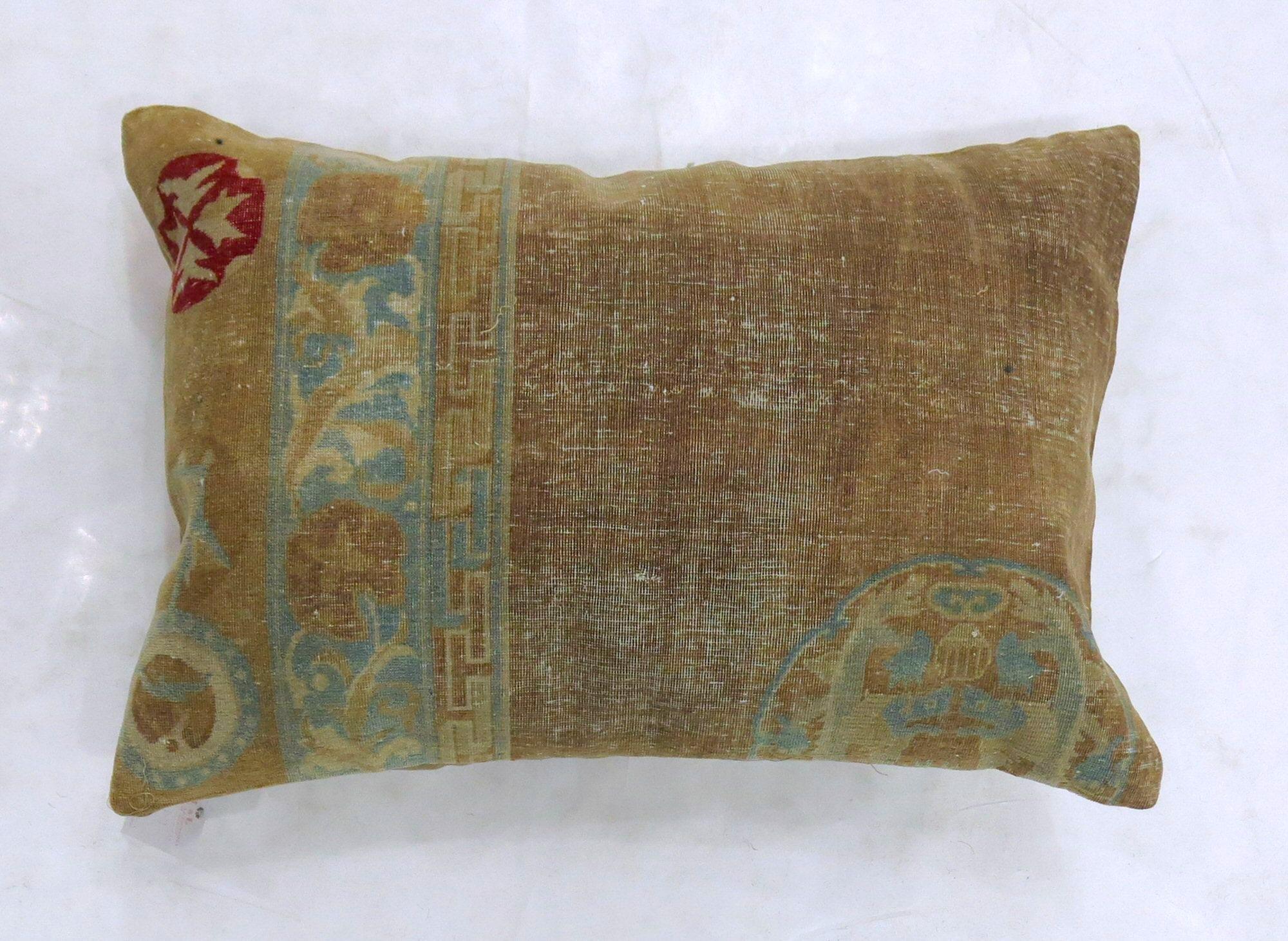 Chinoiserie 19th Century Camel Soft Blue Chinese Wool Oriental Rug Pillow
