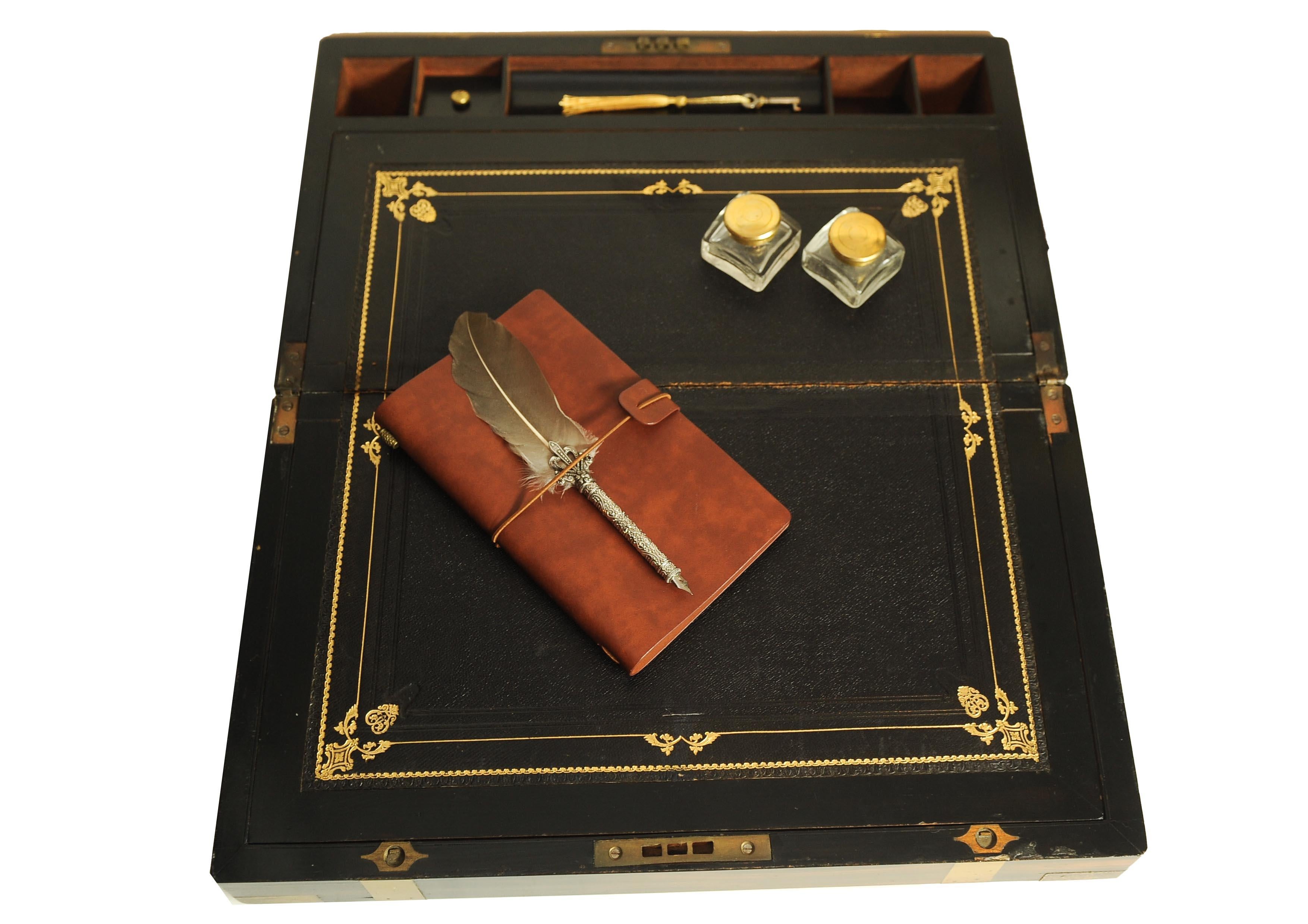 Victorian Campaign Brass Bound Coromandel Writing Slope With Secret Compartment For Sale 4