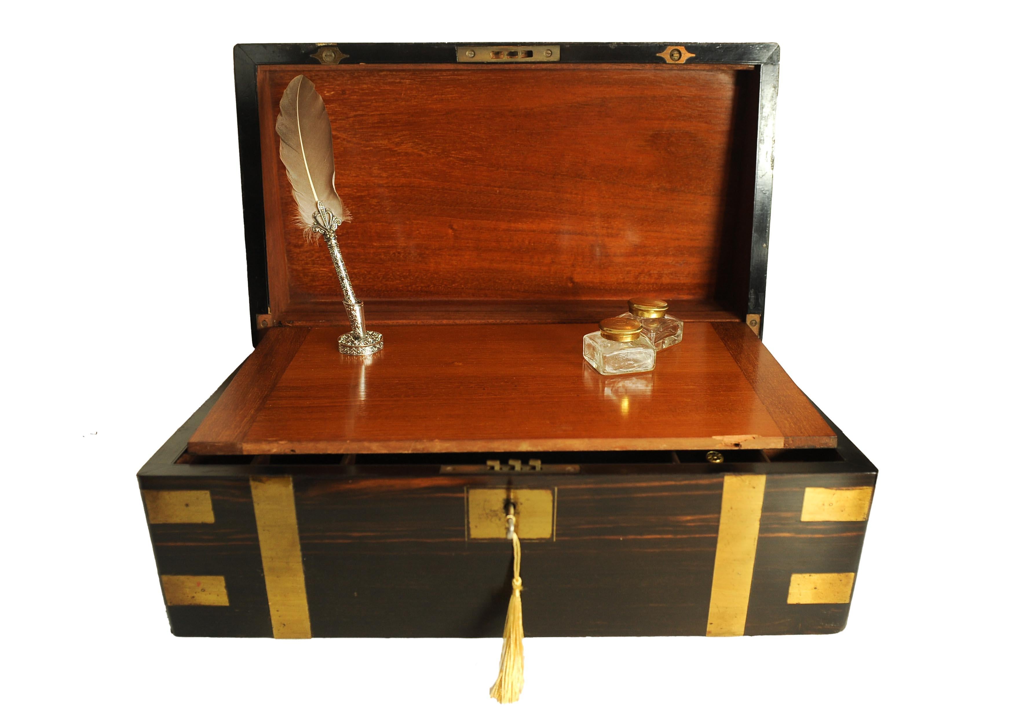 Victorian Campaign Brass Bound Coromandel Writing Slope With Secret Compartment For Sale 5
