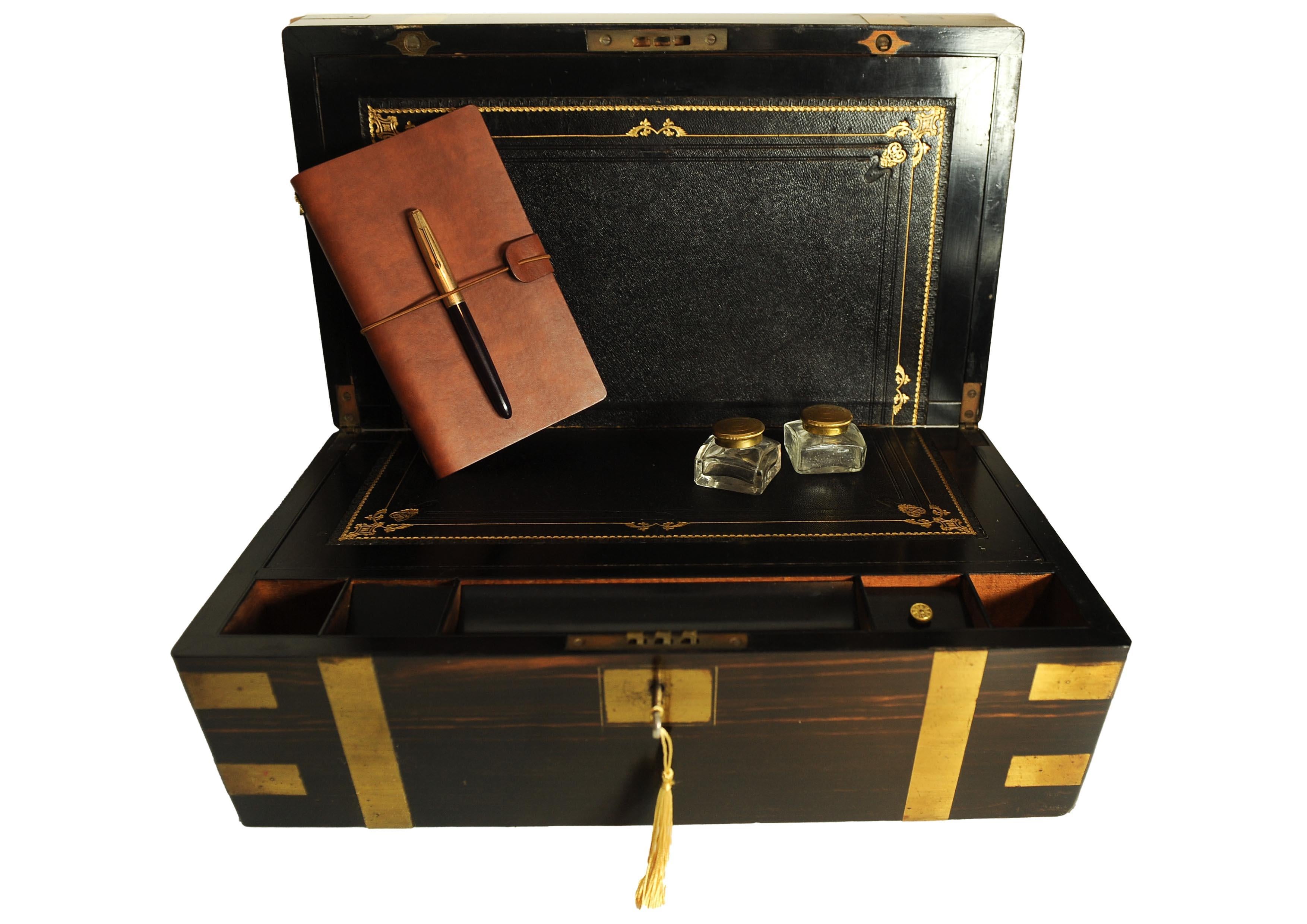 Victorian Campaign Brass Bound Coromandel Writing Slope With Secret Compartment For Sale 6