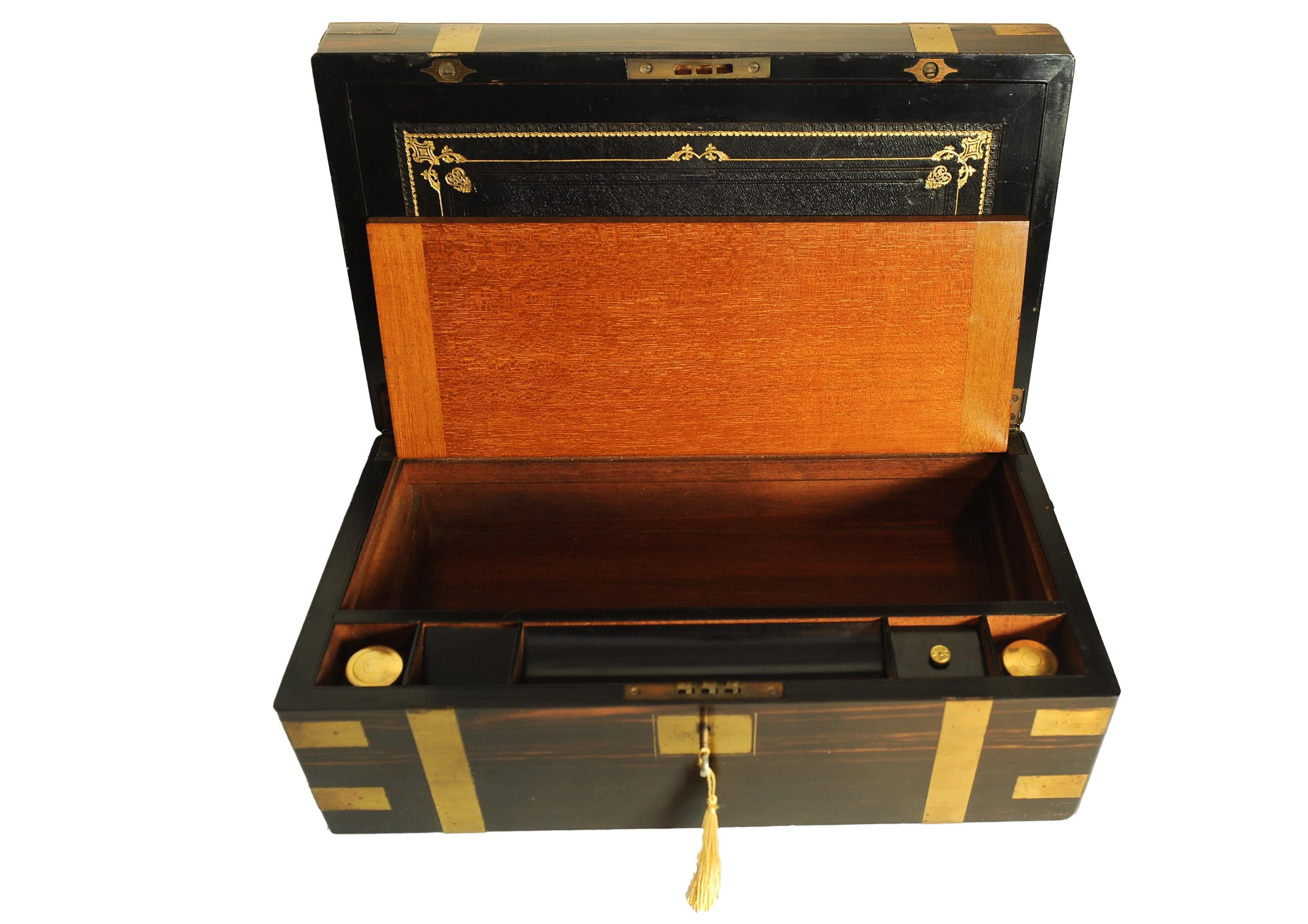 Victorian Campaign Brass Bound Coromandel Writing Slope With Secret Compartment For Sale 7