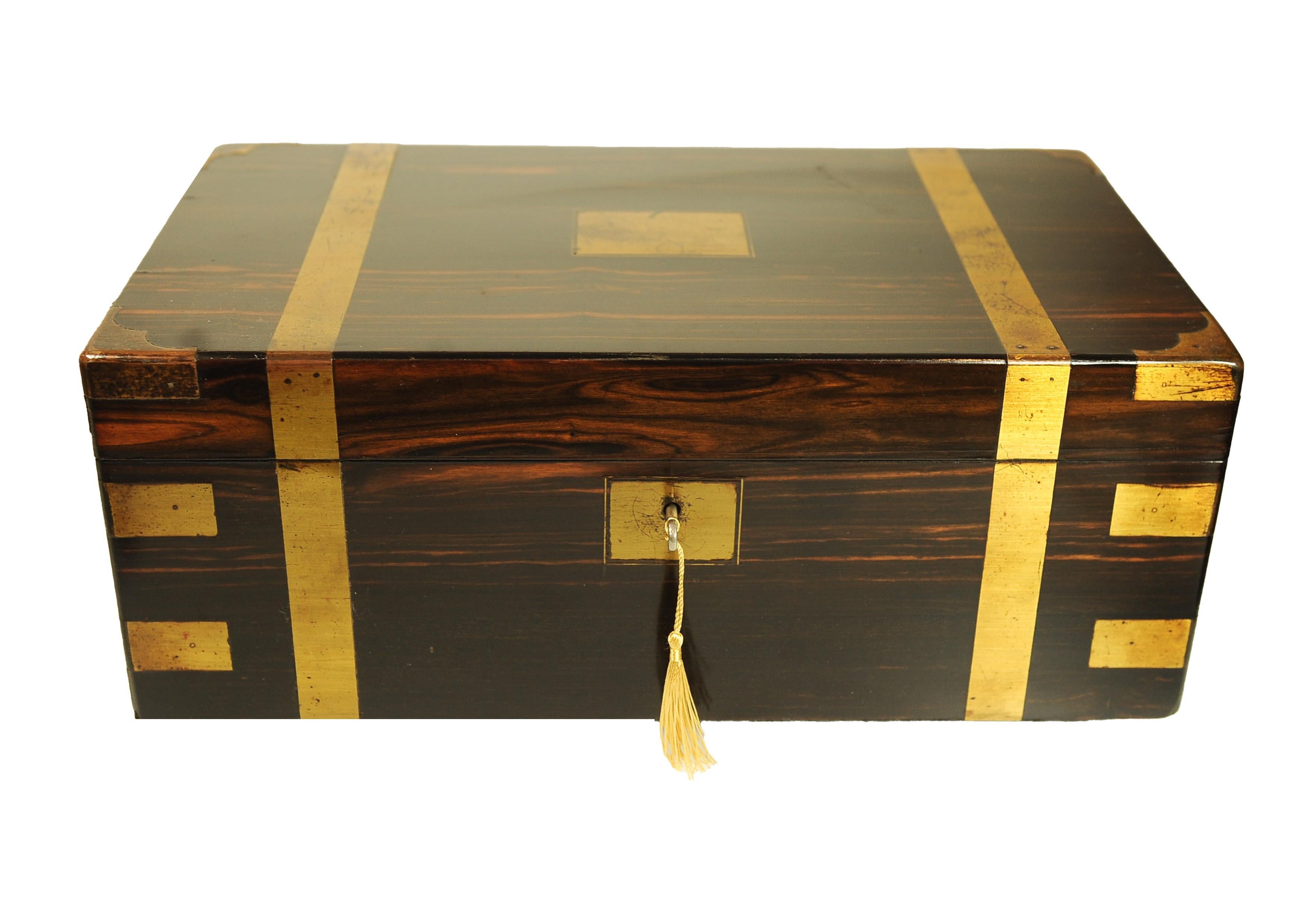 Victorian Campaign Brass Bound Coromandel Writing Slope With Secret Compartment For Sale 11