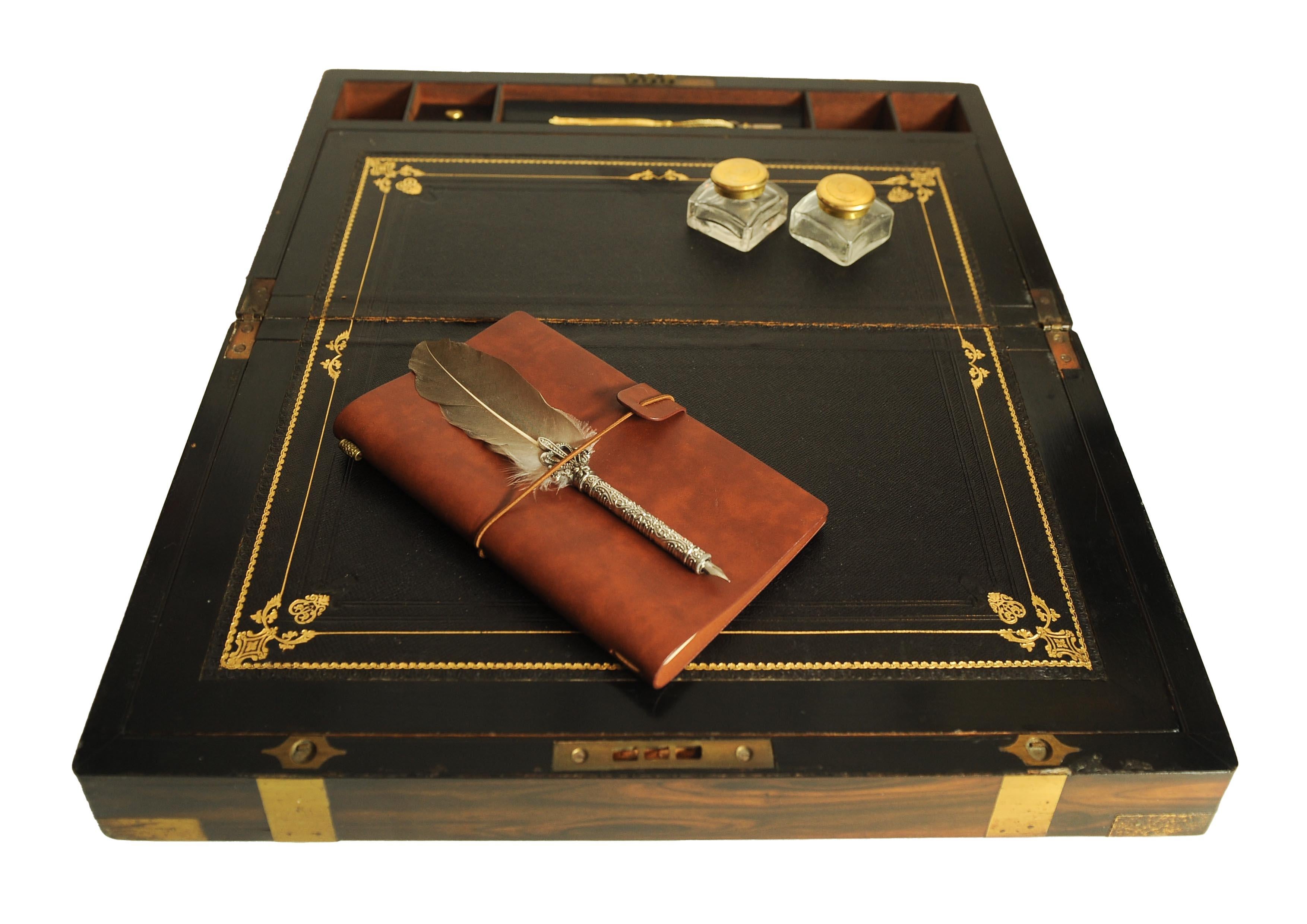 English Victorian Campaign Brass Bound Coromandel Writing Slope With Secret Compartment For Sale