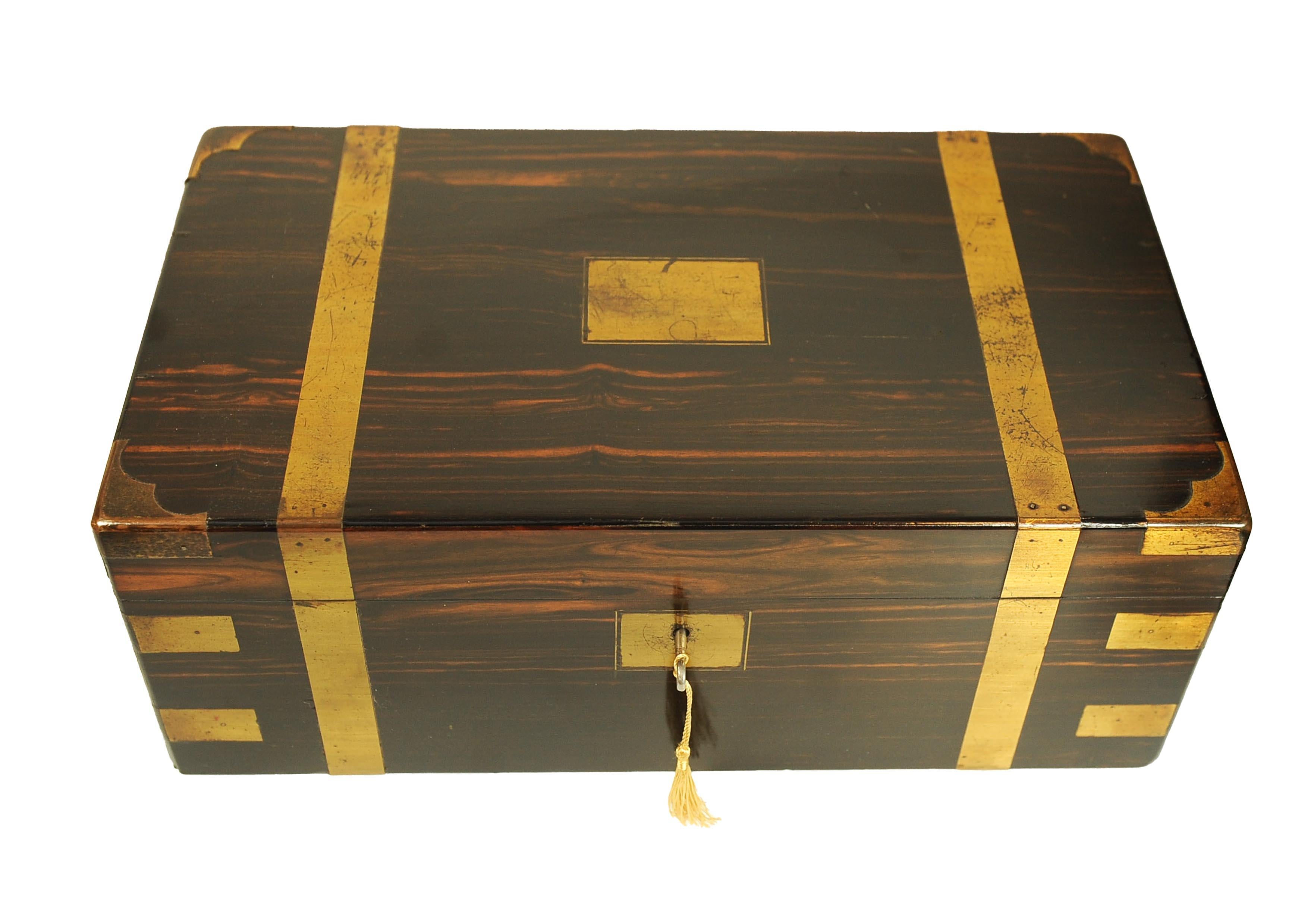 Victorian Campaign Brass Bound Coromandel Writing Slope With Secret Compartment In Good Condition For Sale In Reading, Berkshire