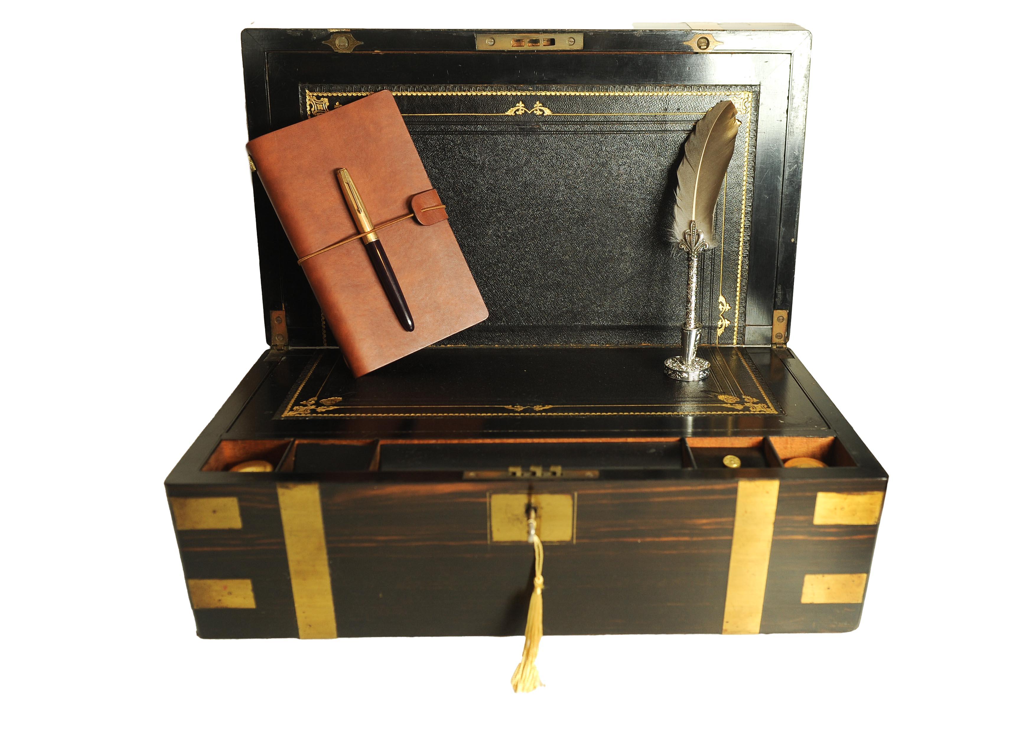 19th Century Victorian Campaign Brass Bound Coromandel Writing Slope With Secret Compartment For Sale