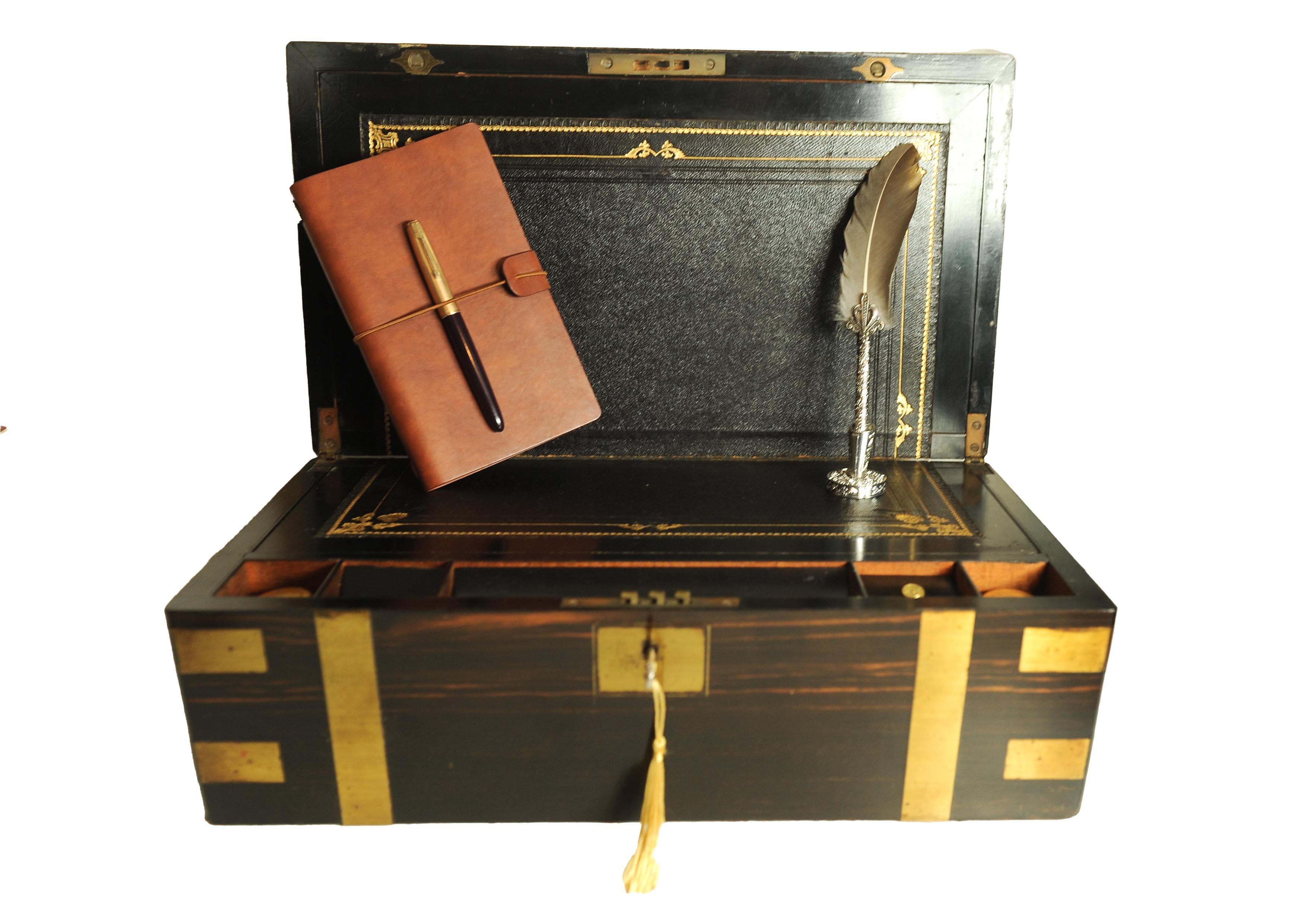 Victorian Campaign Brass Bound Coromandel Writing Slope With Secret Compartment For Sale 2