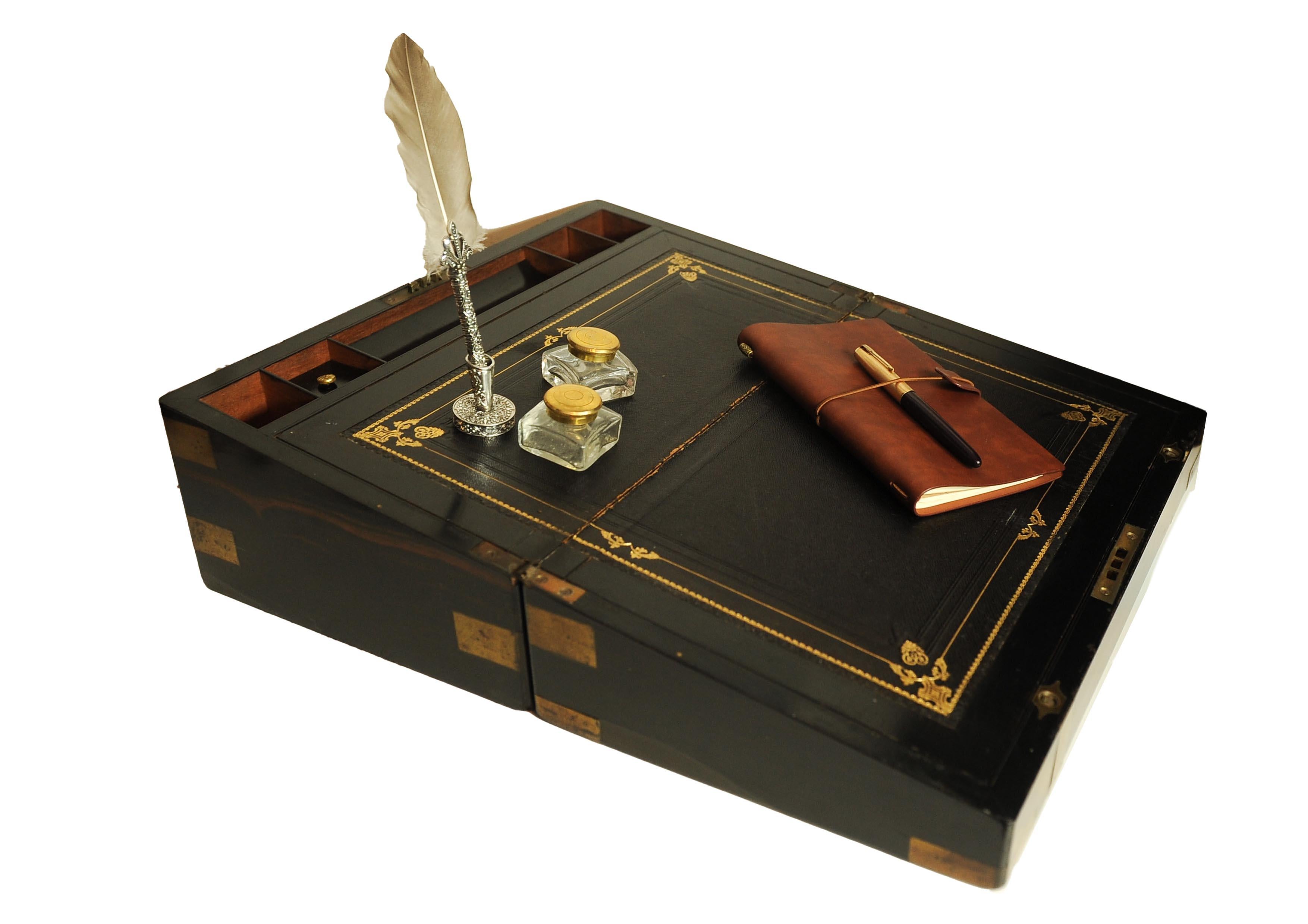 Victorian Campaign Brass Bound Coromandel Writing Slope With Secret Compartment For Sale 3