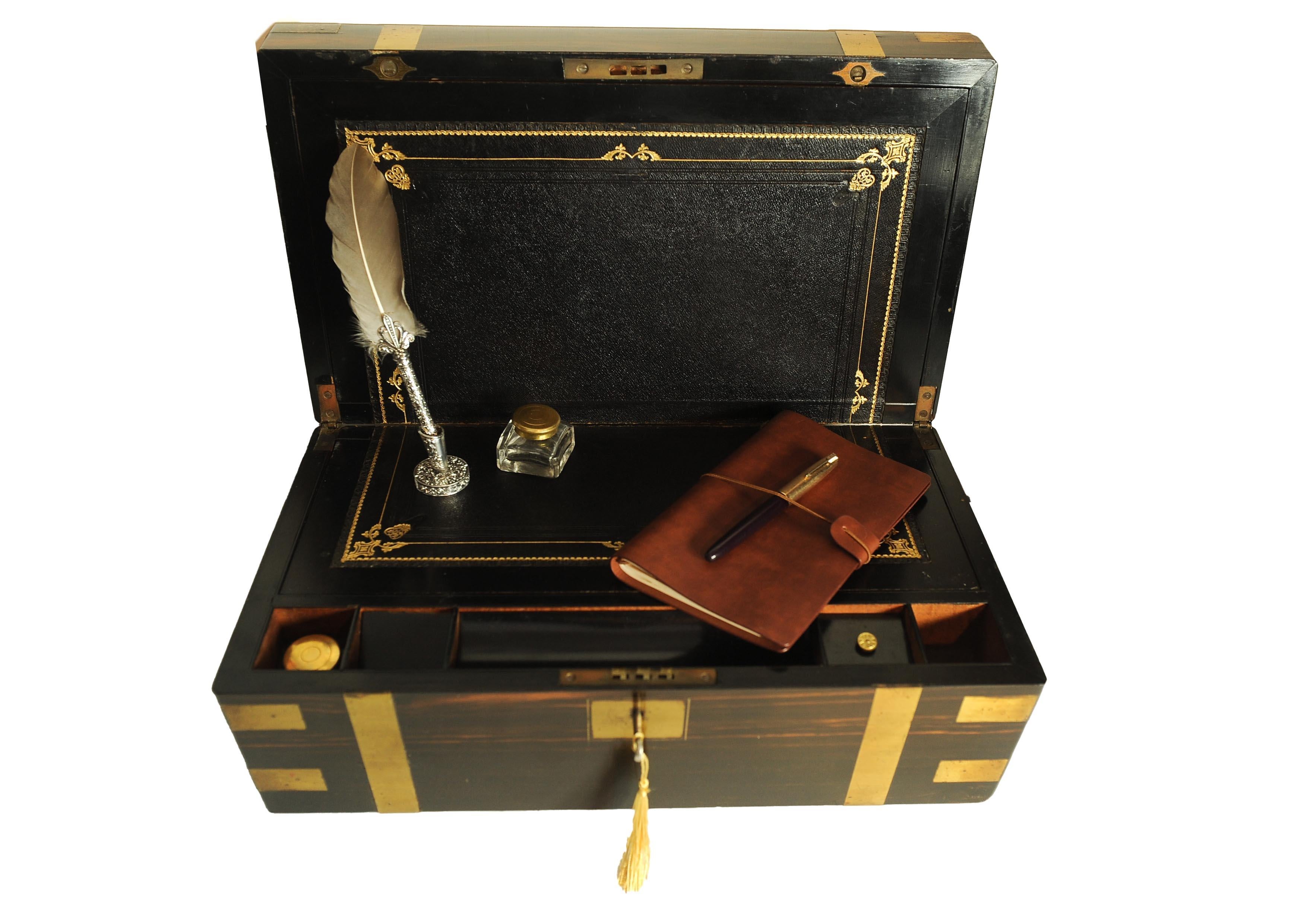 Hand-Crafted Victorian Campaign Brass Bound Coromandel Writing Slope With Secret Compartment For Sale