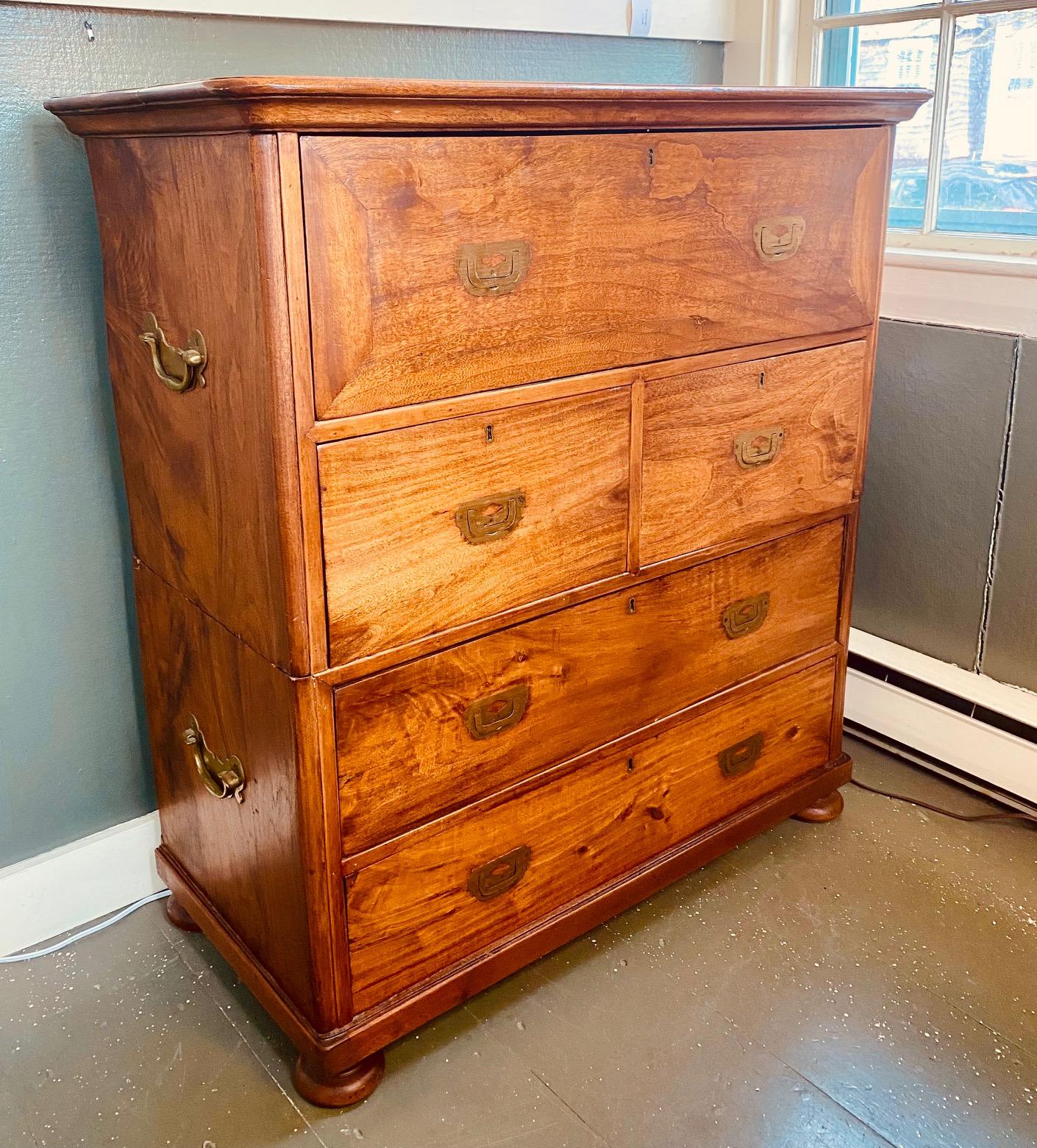 19th Century Camphor Wood Campaign Chest with Desk Drawer 8