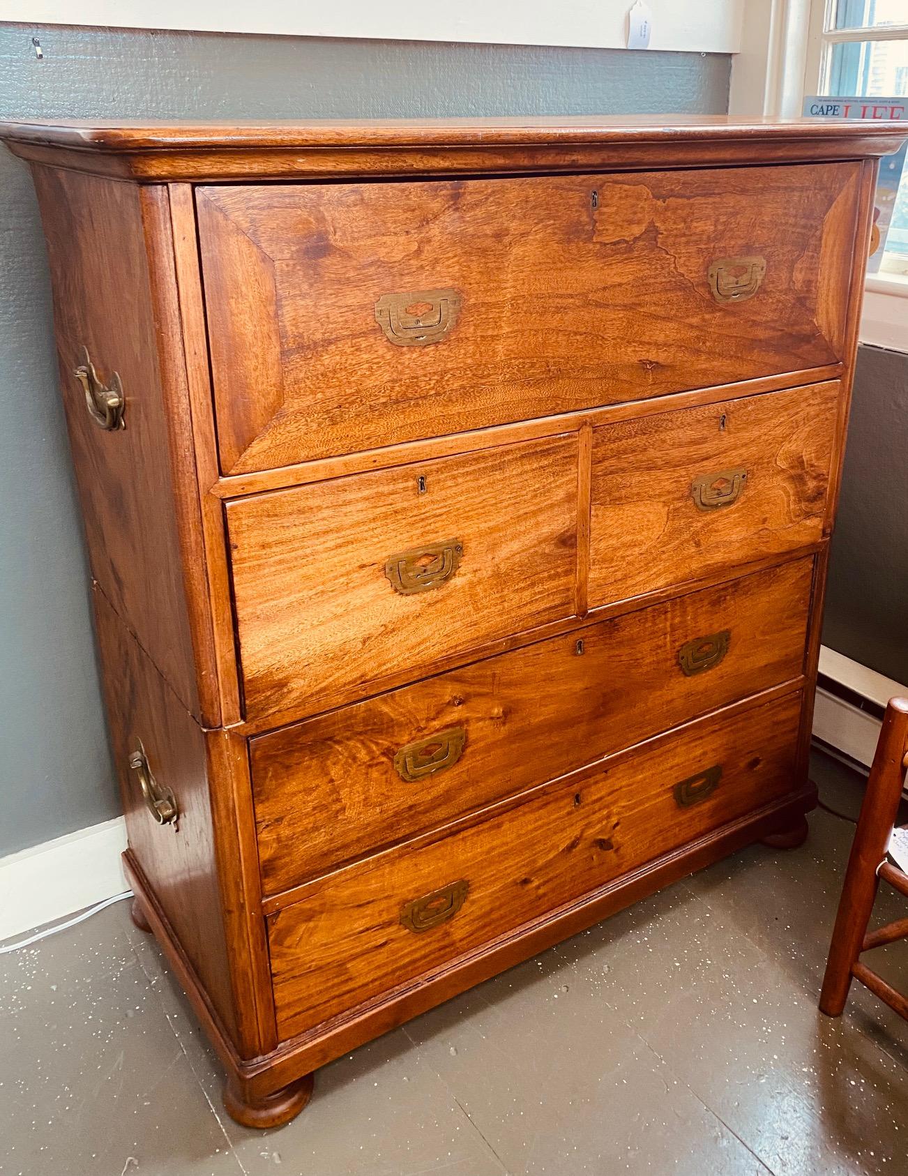 Antique Camphor wood campaign chest with fitted desk drawer, most likely British, Mid 19th Century, a high quality campaign piece made in two pieces from beautiful camphor wood, light and bright and well maintained with a natural glossy finish. The