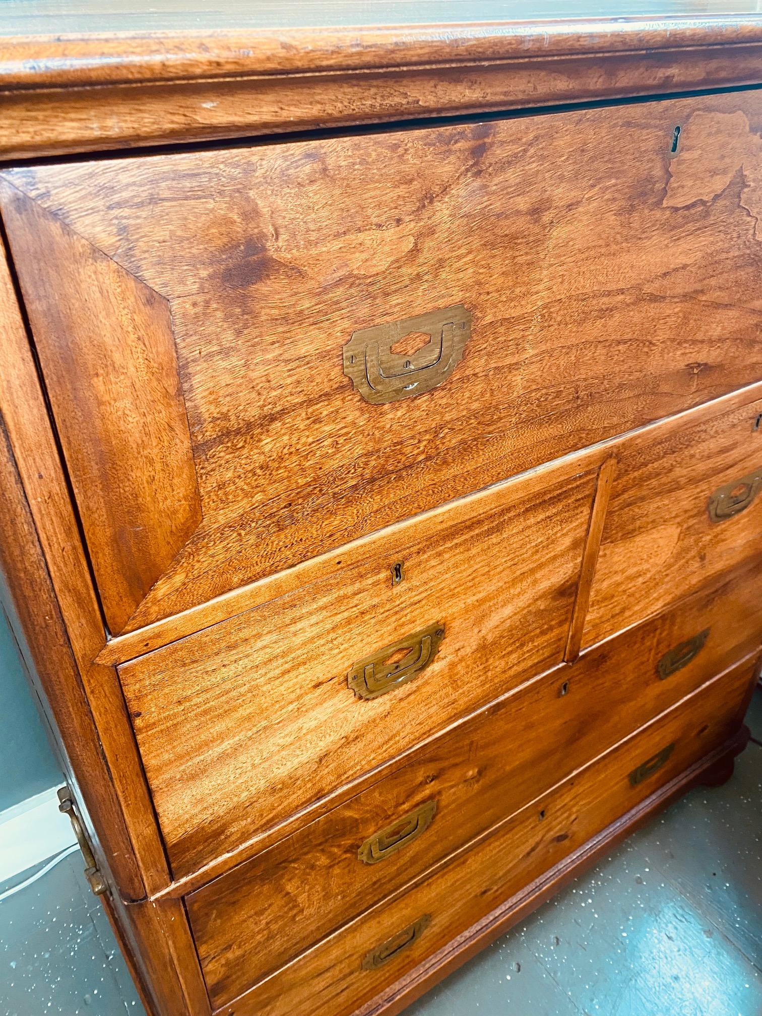 19th Century Camphor Wood Campaign Chest with Desk Drawer In Good Condition In Nantucket, MA