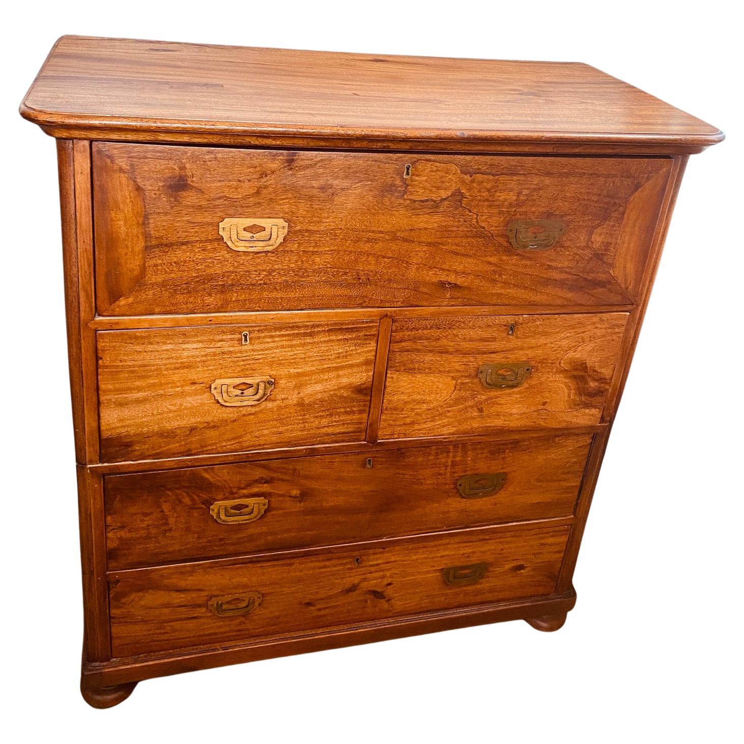 19th Century Camphor Wood Campaign Chest with Desk Drawer