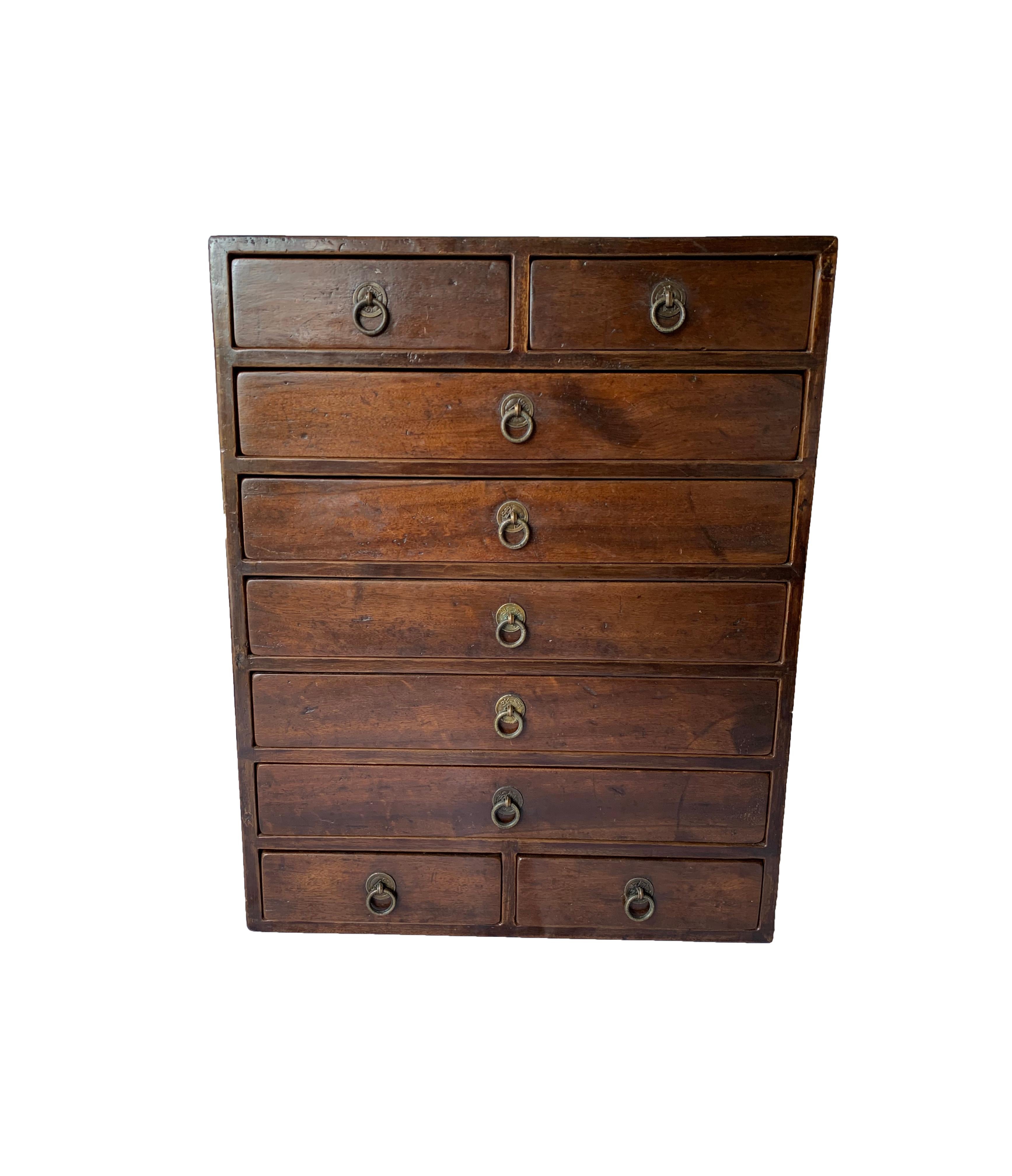 Gabinete de erudito chino lacado en madera de alcanfor del siglo XIX, de la dinastía Qing. Presenta herrajes originales que incluyen tiradores laterales y de cajón. Este armario perteneció en su día a un erudito que lo utilizaba principalmente para