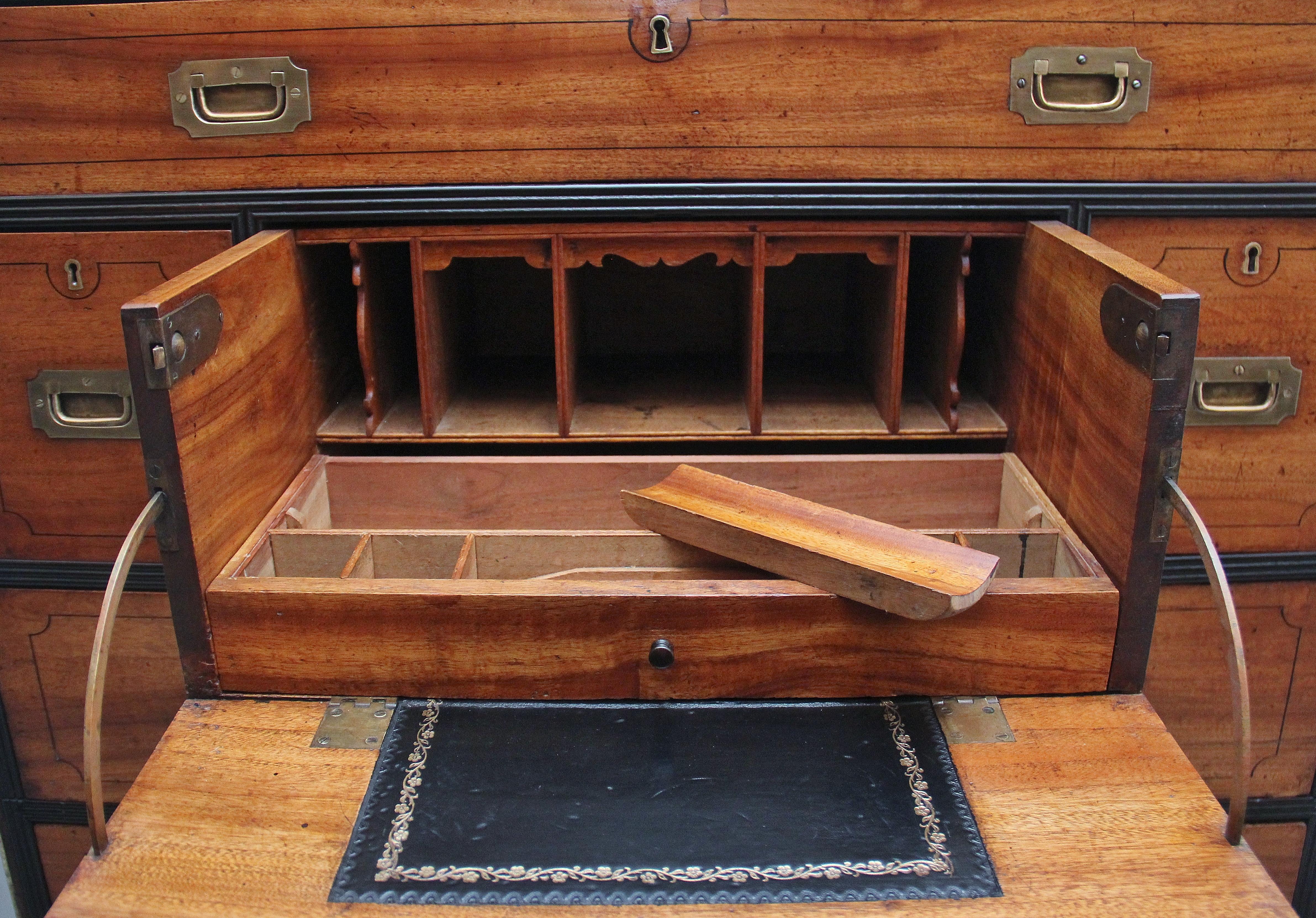 Teak 19th Century camphor wood secretaire military chest For Sale
