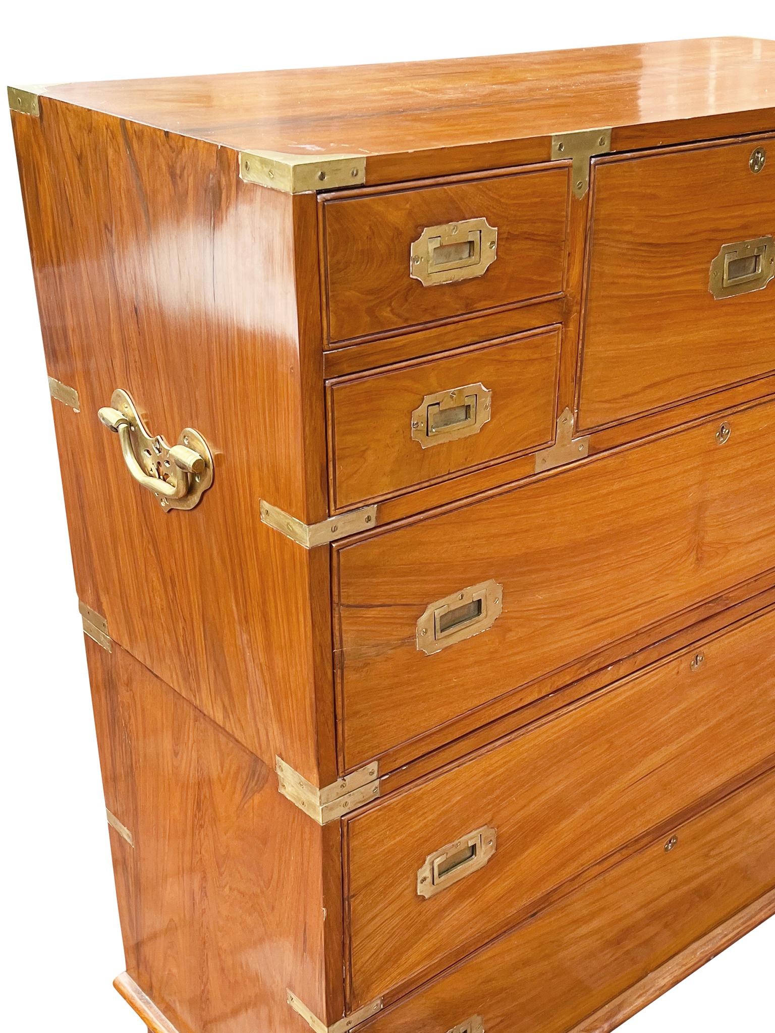 Hand-Crafted 19th Century Camphorwood Two-Part Campaign Chest of Drawers