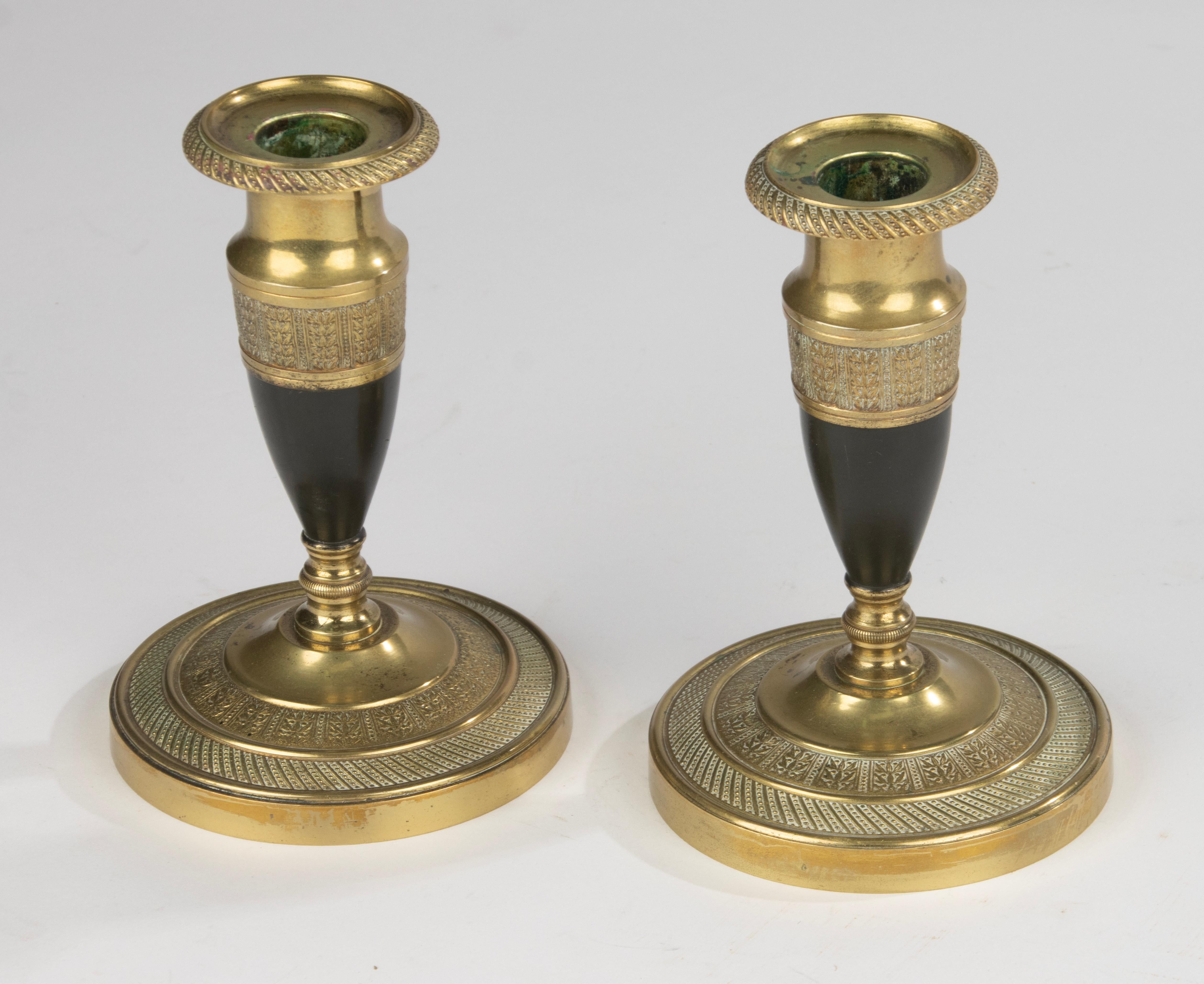 Francese 19th Century Candlesticks - Empire Style - Gilded and Patinated Bronze - France in vendita