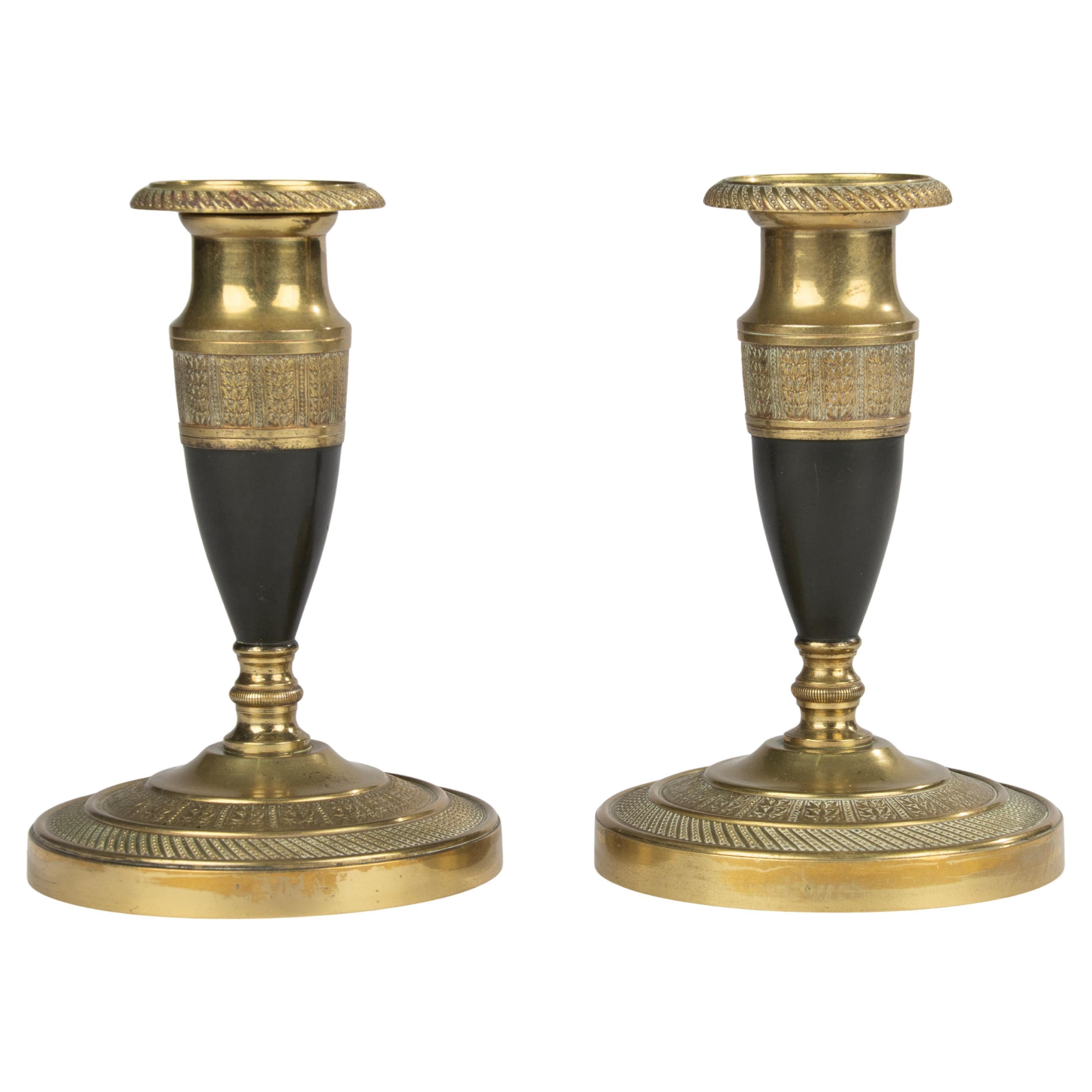 19th Century Candlesticks - Empire Style - Gilded and Patinated Bronze - France in vendita