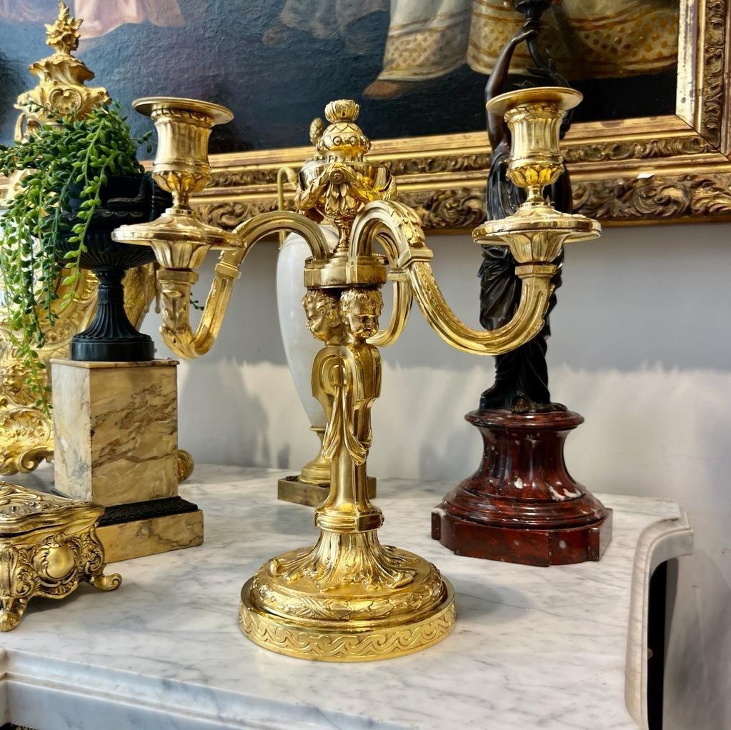 19th Century Candlesticks in Gilt Bronze with Three Lights and Putti Motifs 9