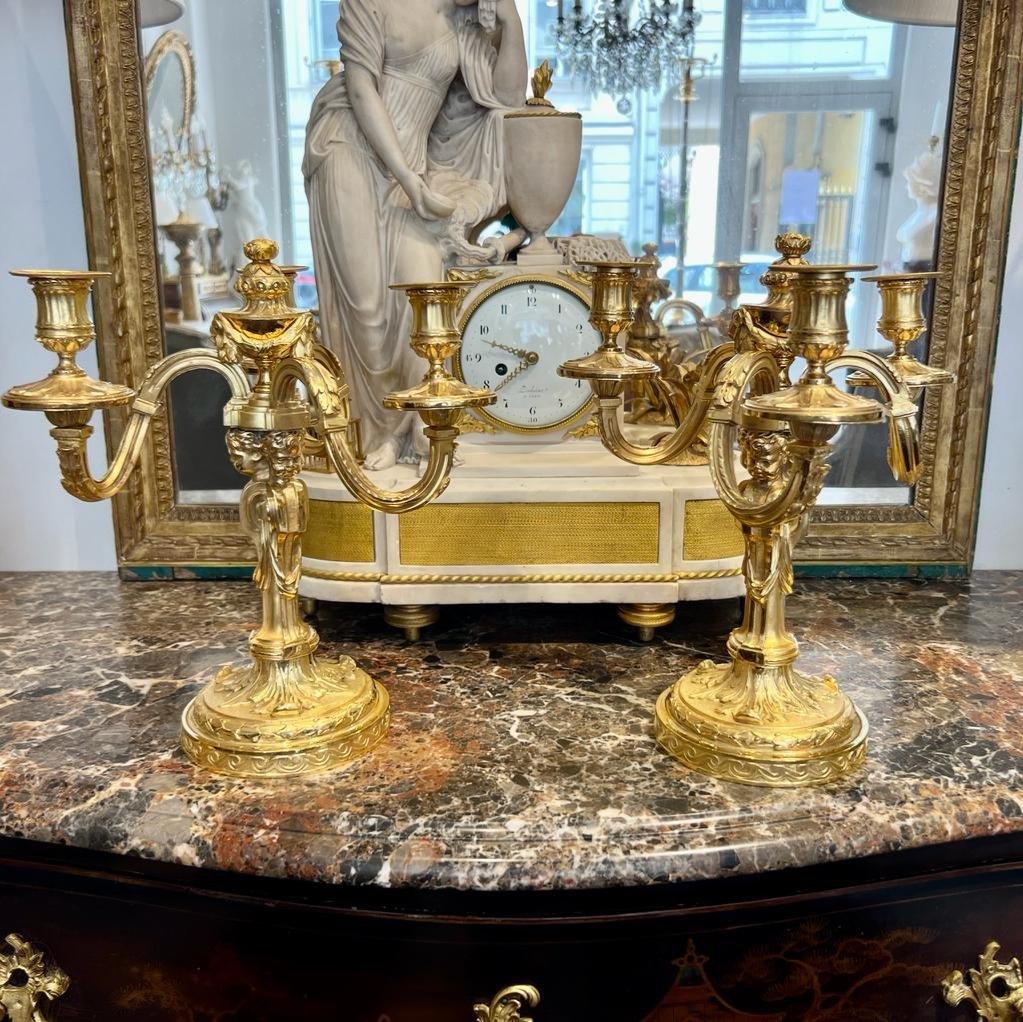 19th Century Candlesticks in Gilt Bronze with Three Lights and Putti Motifs 12