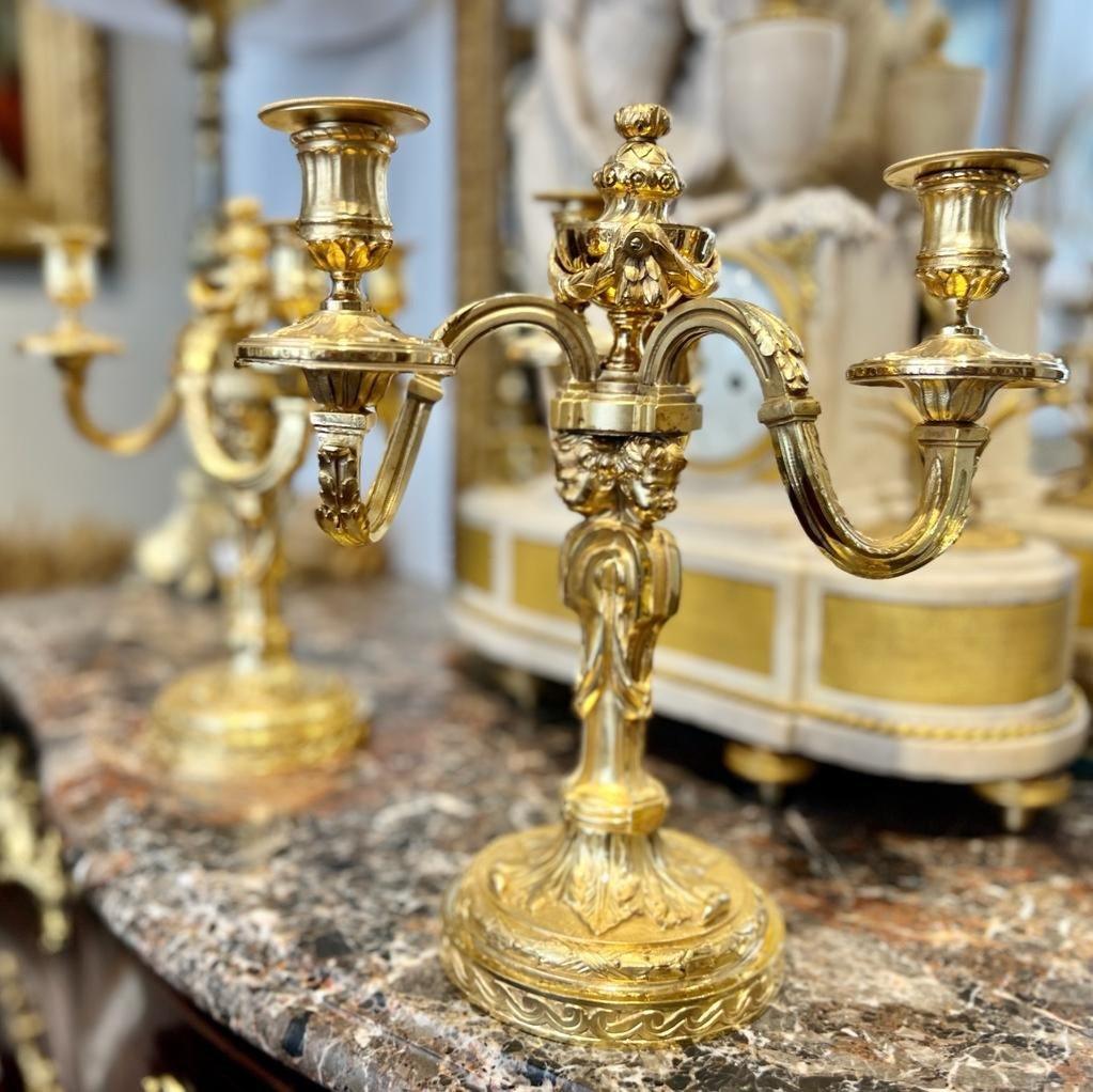 19th Century Candlesticks in Gilt Bronze with Three Lights and Putti Motifs 15