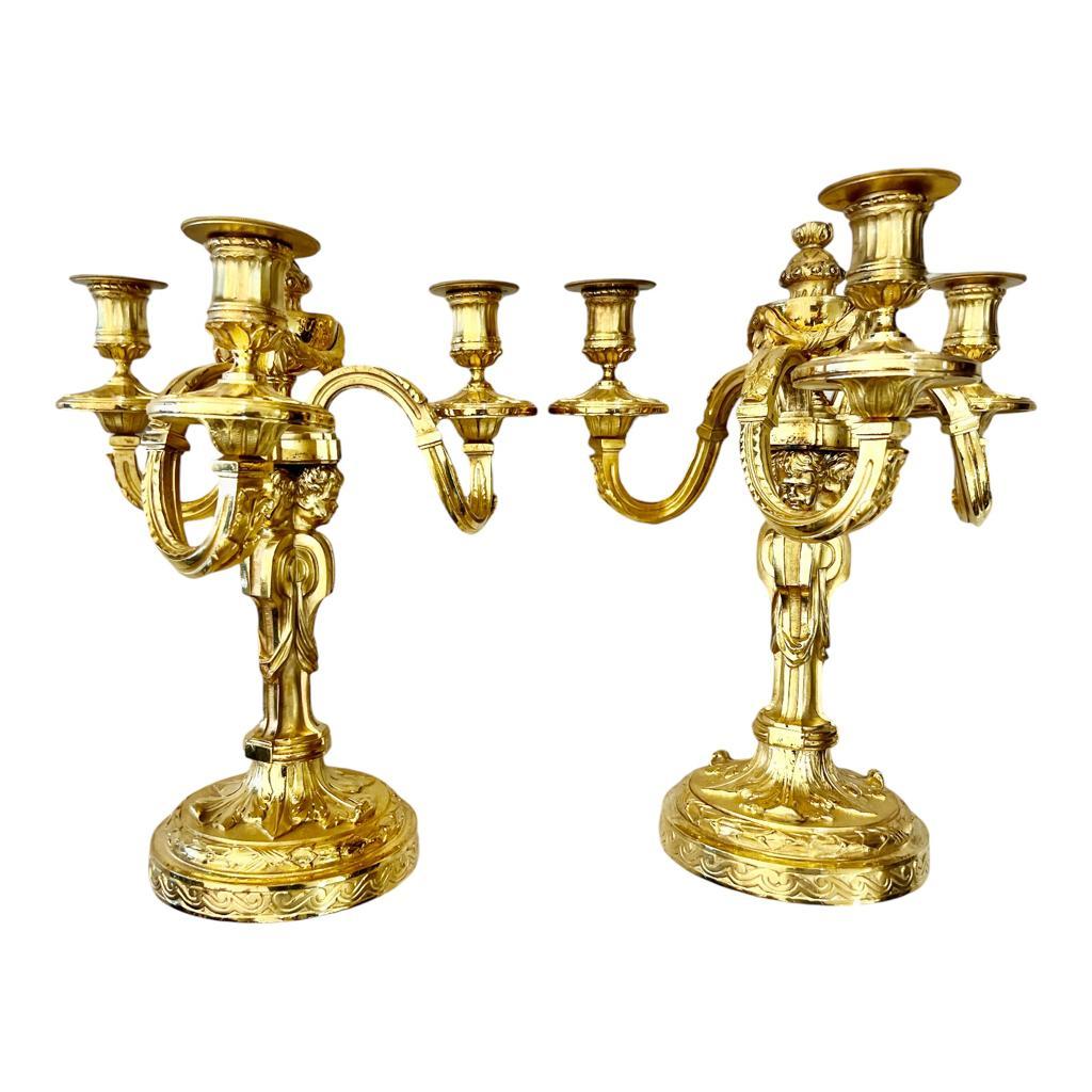 Napoleon III 19th Century Candlesticks in Gilt Bronze with Three Lights and Putti Motifs