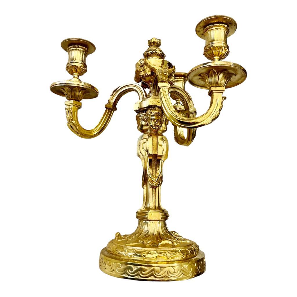19th Century Candlesticks in Gilt Bronze with Three Lights and Putti Motifs 2