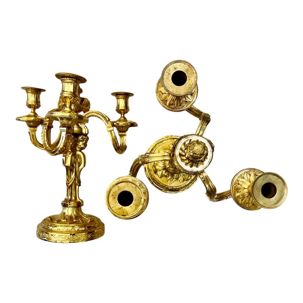 19th Century Candlesticks in Gilt Bronze with Three Lights and Putti Motifs 4