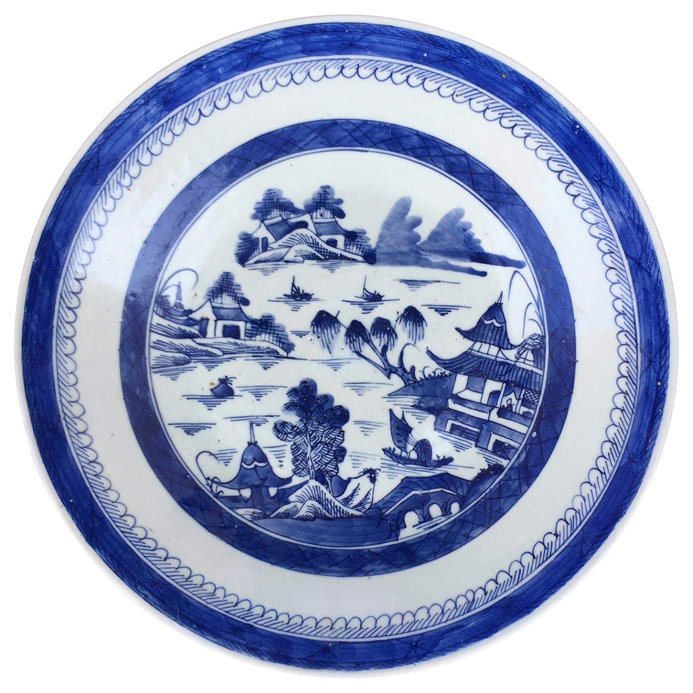 19th Century Canton Blue and White Porcelain Charger For Sale