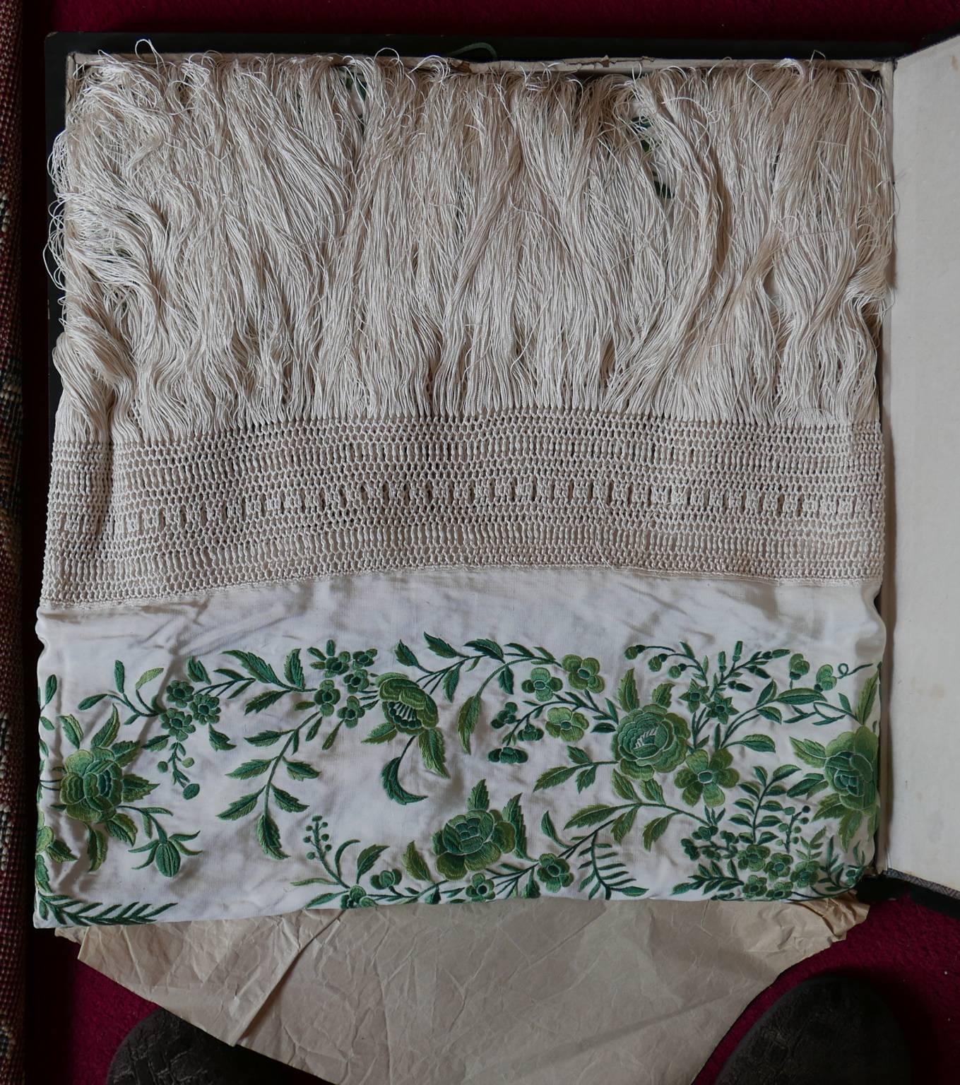 Chinese Export 19th Century Canton Boxed Set of Silk Piano Cover or Drape with Watercolor