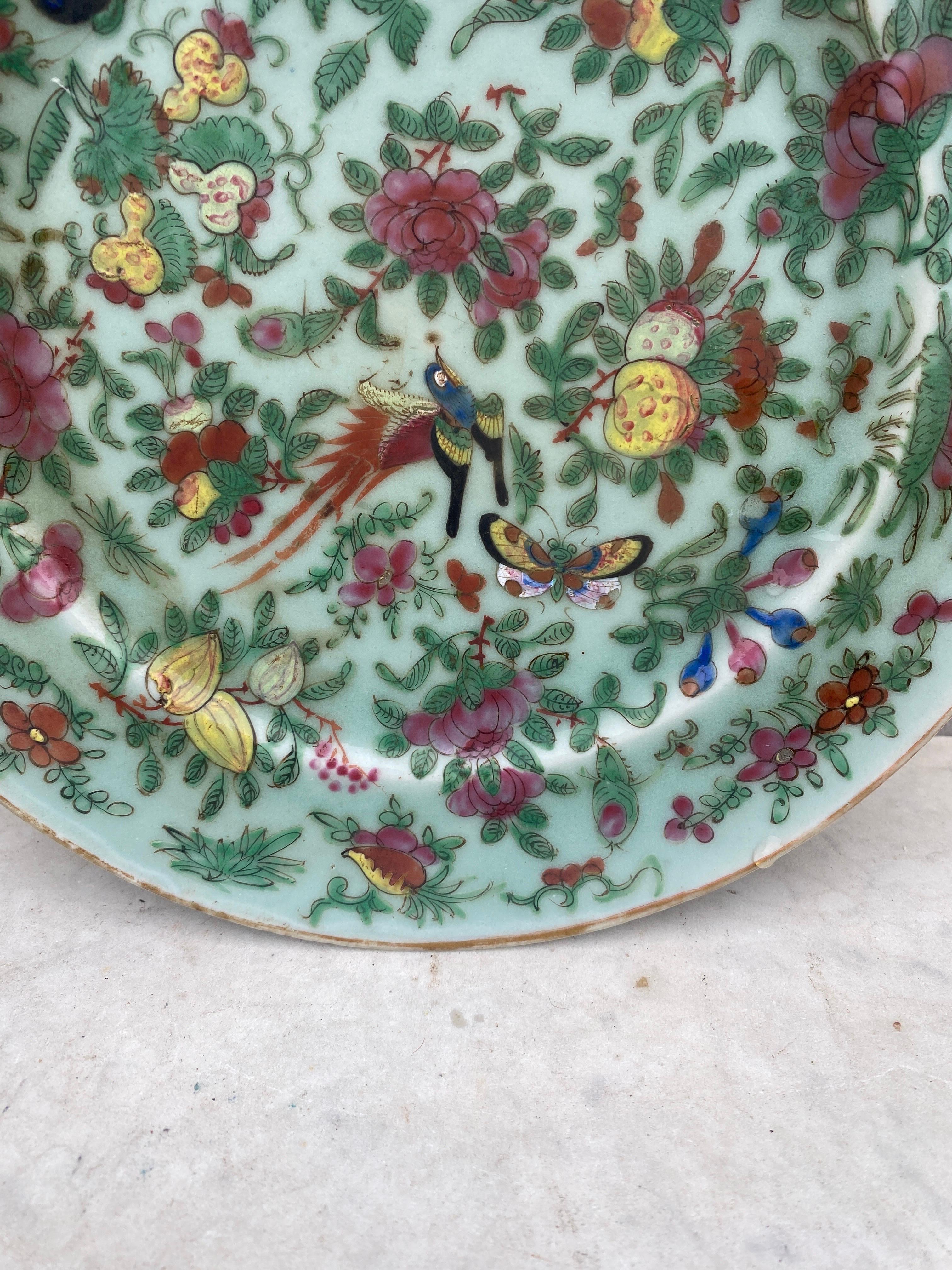 Chinoiserie 19th Century Canton Famille Rose Chinese Export Porcelain Celadon Platter For Sale
