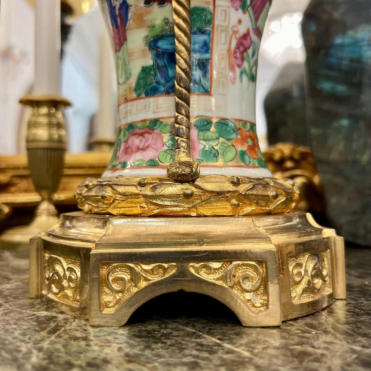 French 19th Century Canton Porcelain Vase Mounted on Gilt Bronze  For Sale