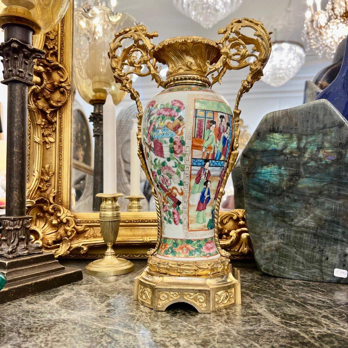 19th Century Canton Porcelain Vase Mounted on Gilt Bronze  For Sale 4