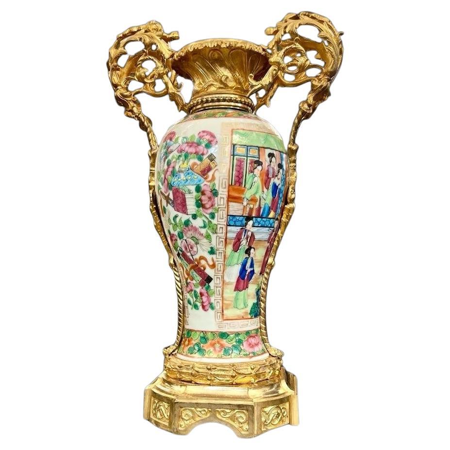 19th Century Canton Porcelain Vase Mounted on Gilt Bronze 