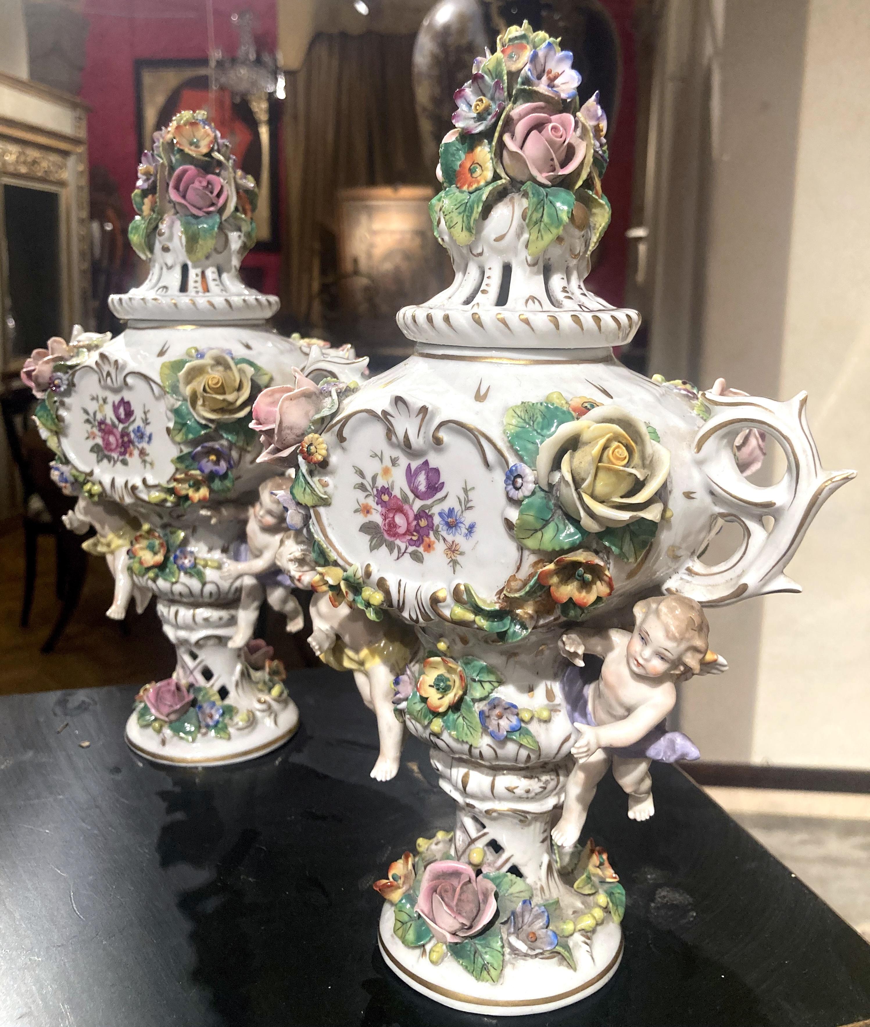 Rococo 19th Century Capodimonte Polychrome Porcelain Incense Burners Vases with Flowers For Sale