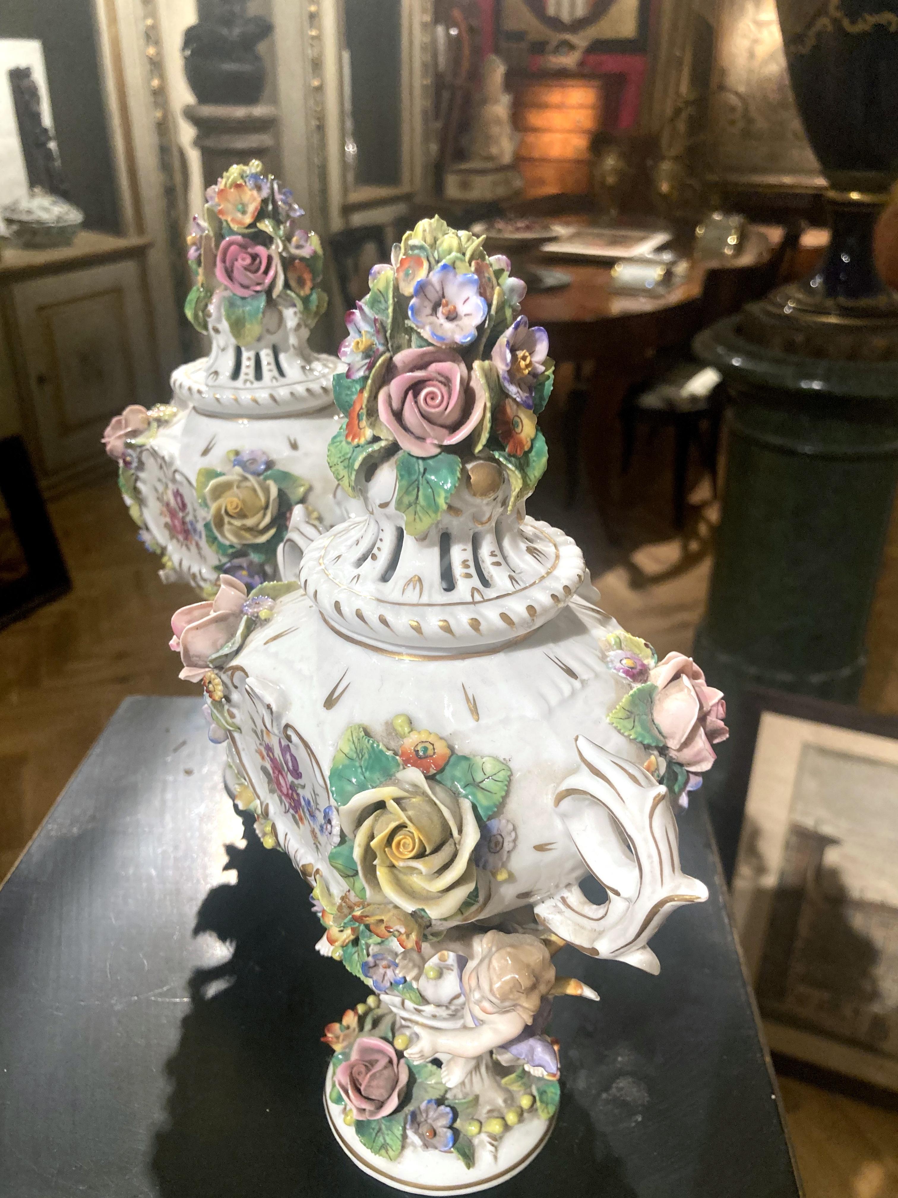 Italian 19th Century Capodimonte Polychrome Porcelain Incense Burners Vases with Flowers For Sale