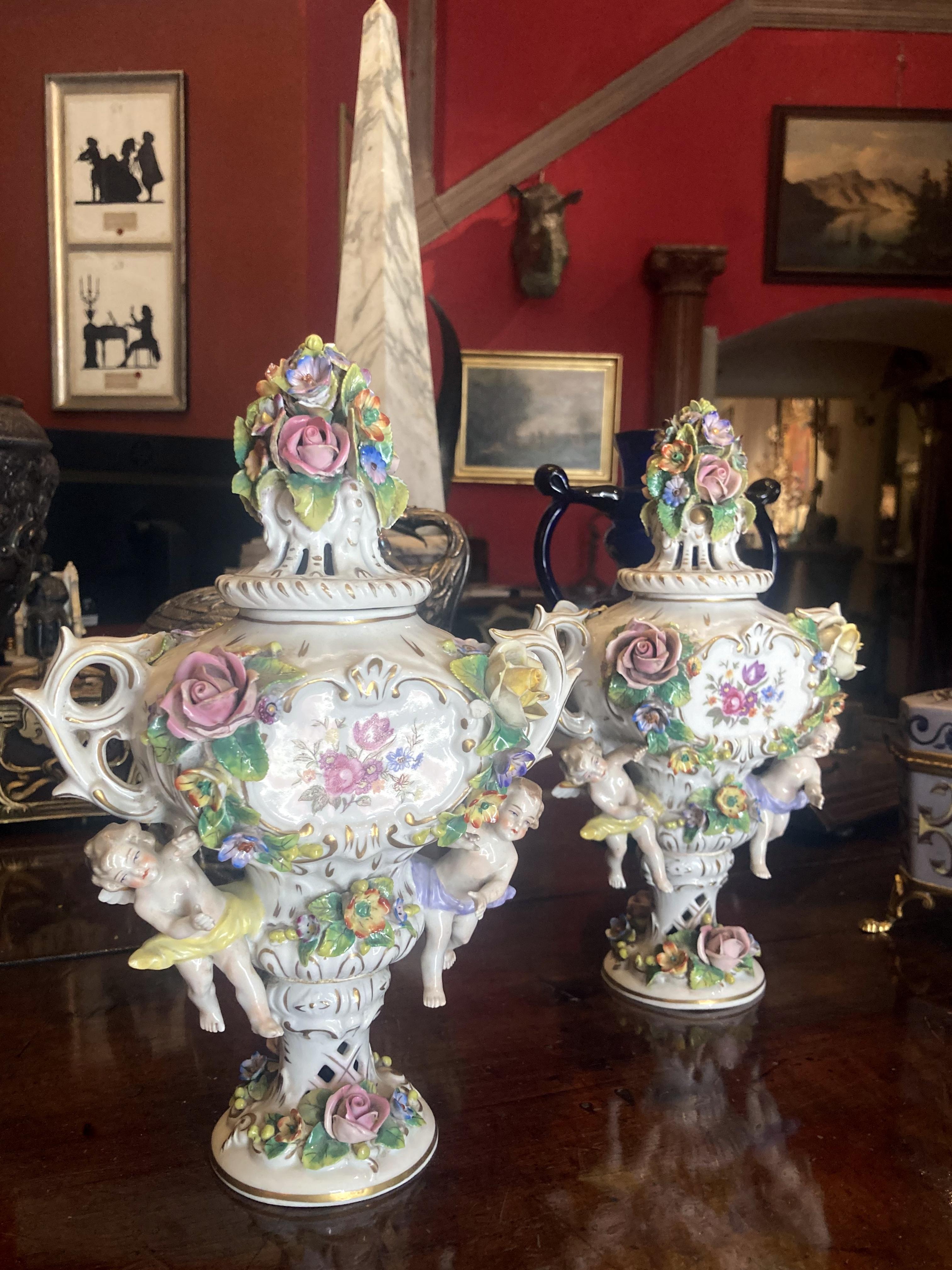 Hand-Painted 19th Century Capodimonte Polychrome Porcelain Incense Burners Vases with Flowers For Sale