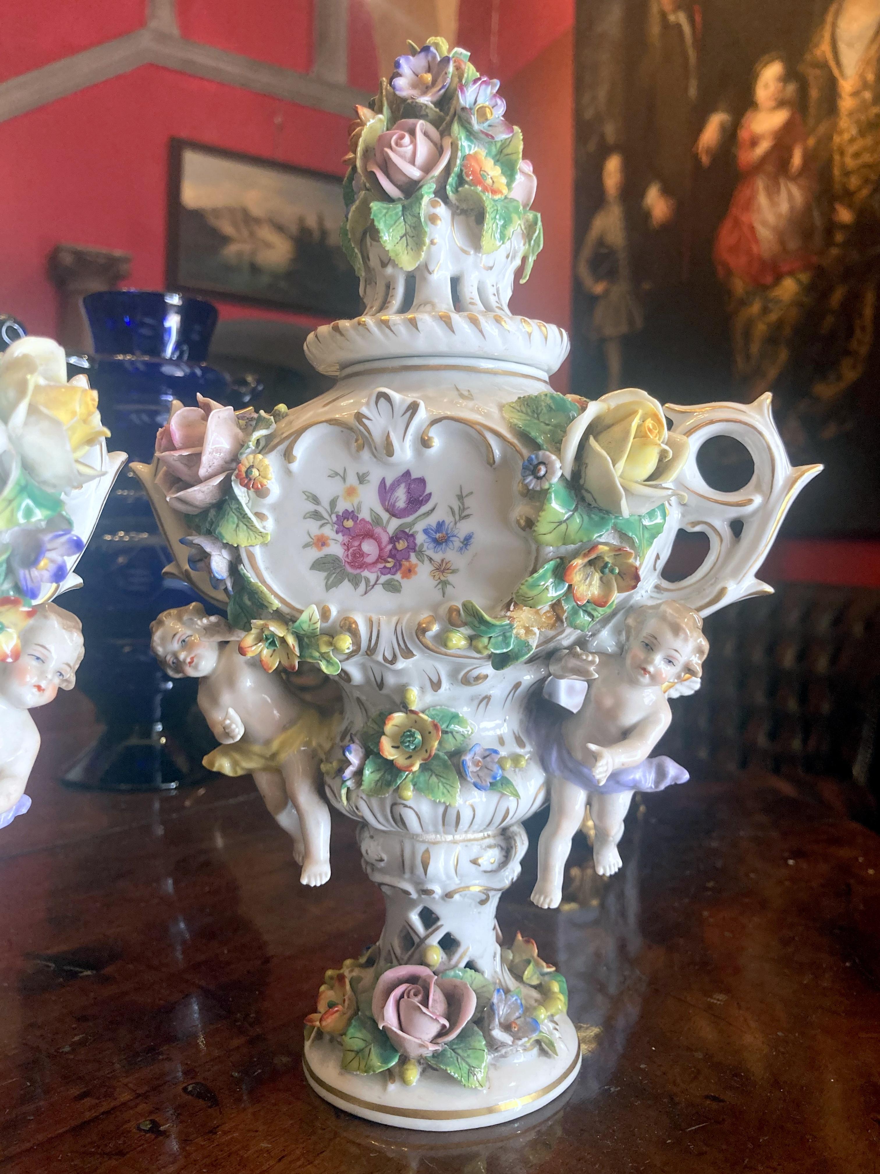 19th Century Capodimonte Polychrome Porcelain Incense Burners Vases with Flowers For Sale 2