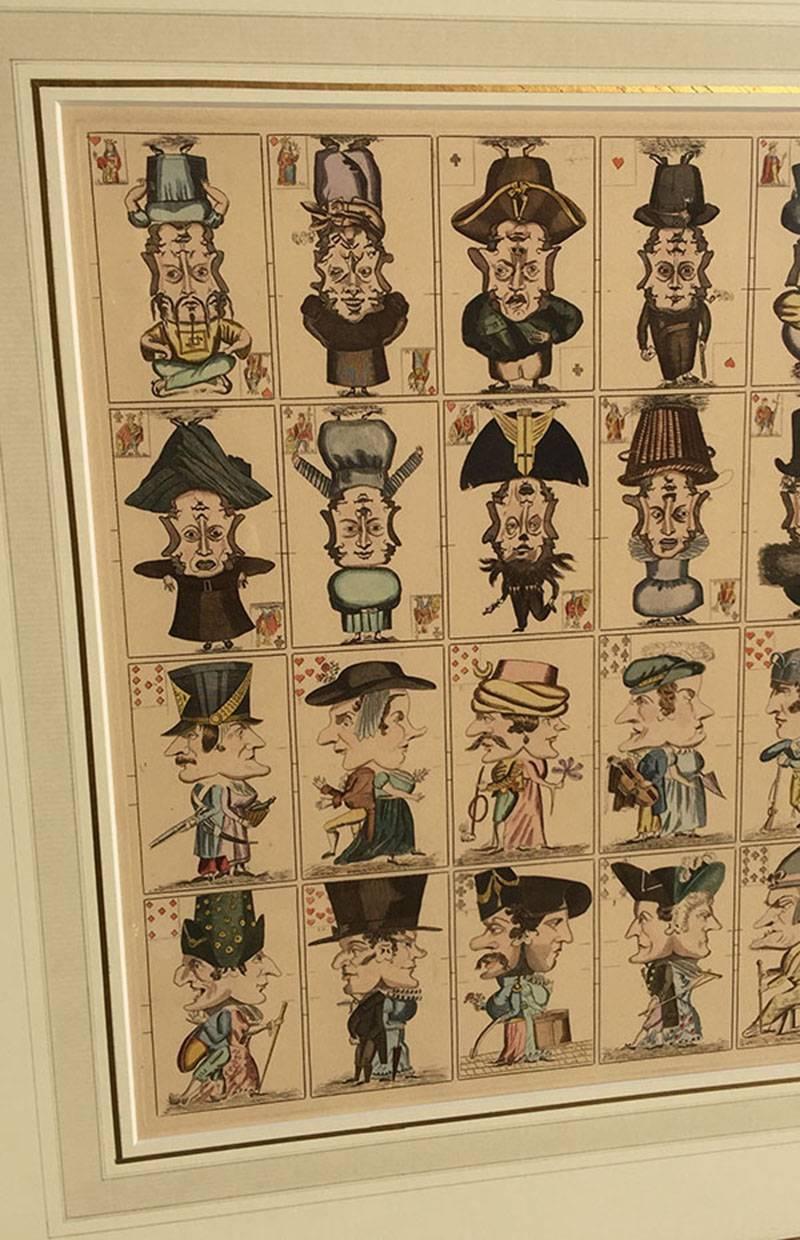 32 pieces caricature playing cards, 19th century
 
19th century Caricature playing cards printed on one page
32 pieces hand colored 
Framed and behind glass
The size is 68 cm x 80 cm.

 