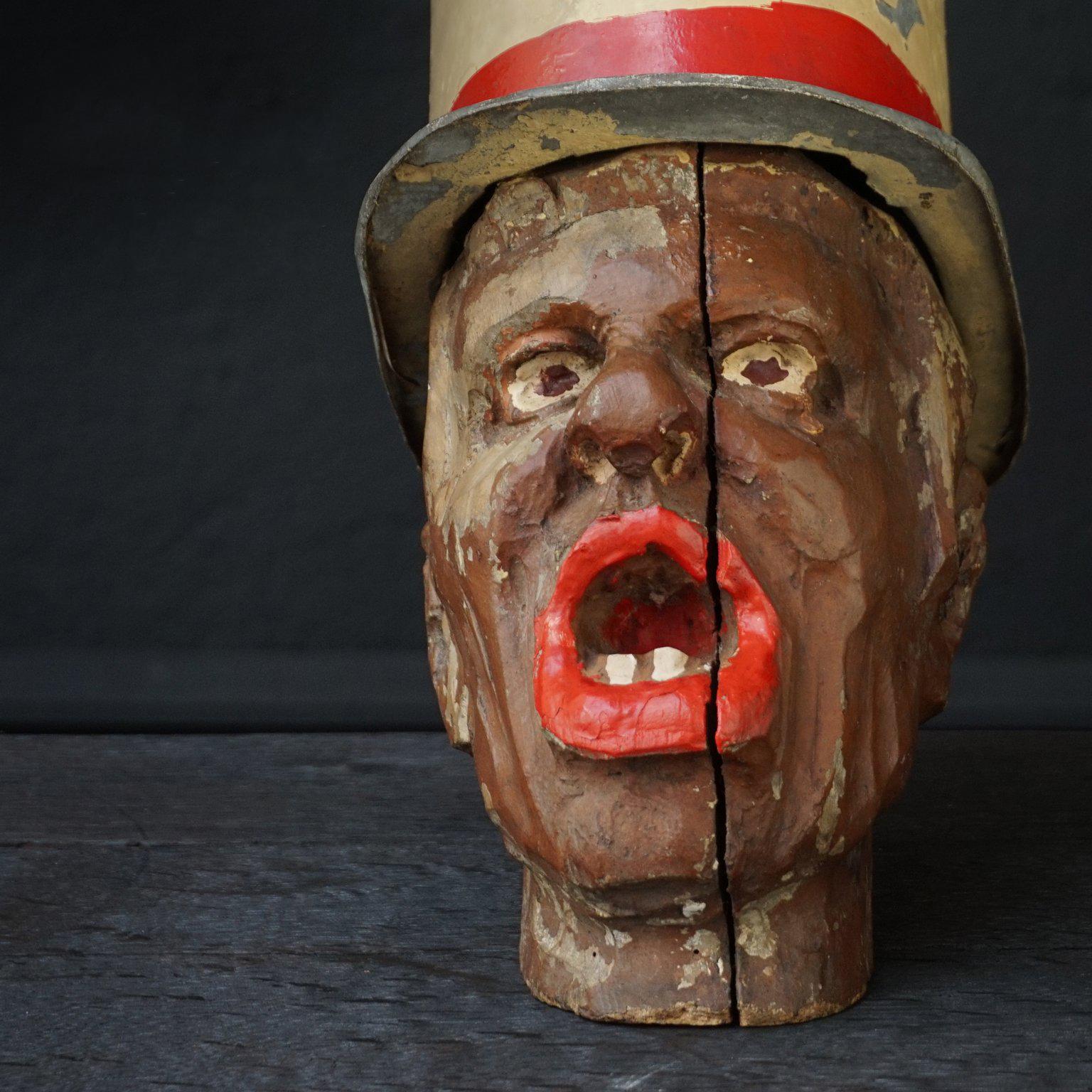 19th Century Carnival Folk Art Carved Wooden Head with Zinc Hat In Good Condition For Sale In Haarlem, NL