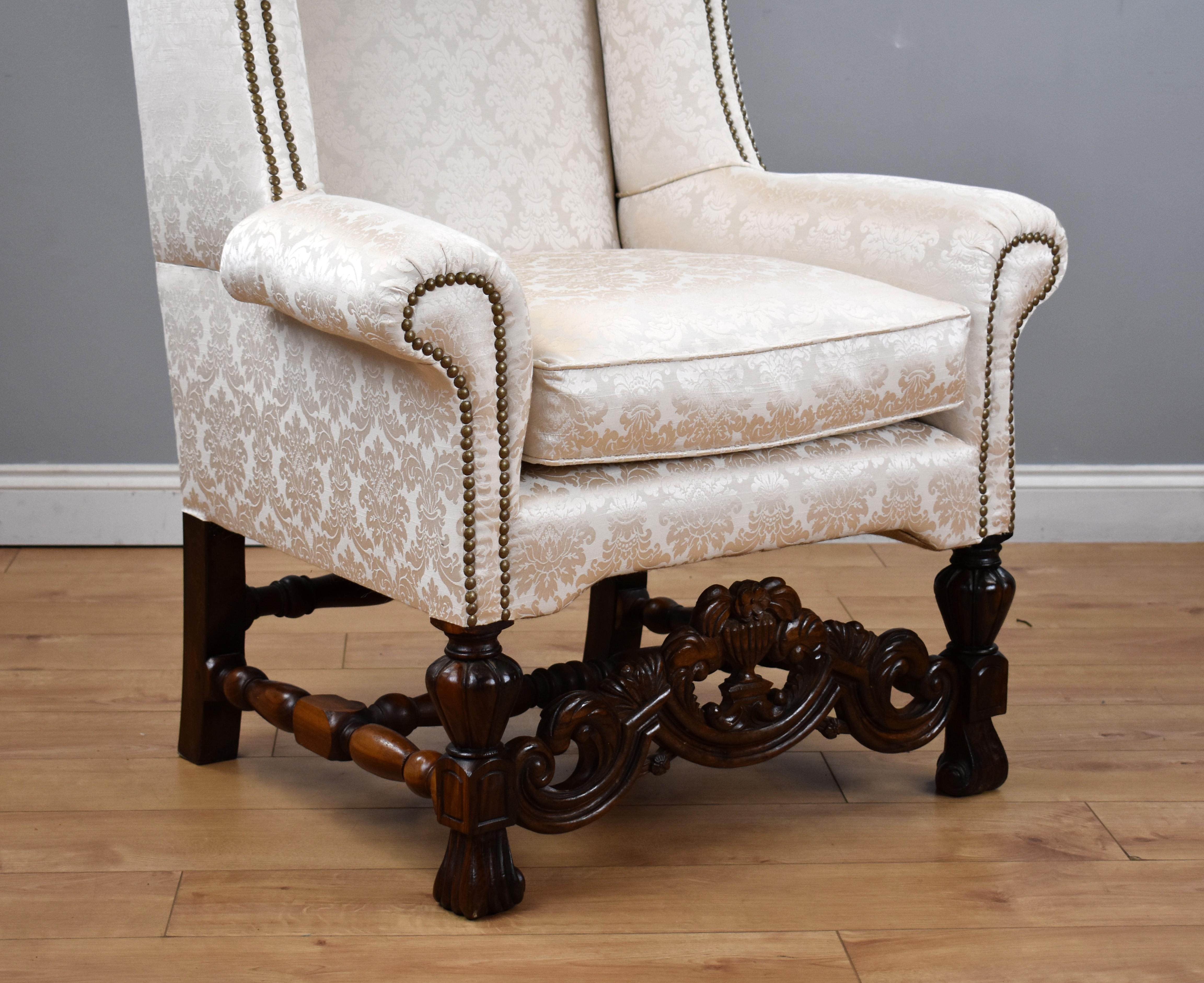 Victorian 19th Century Carolean Style Wing Back Armchair For Sale