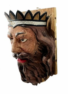 19th Century Carousel Ornament Painted Cast Iron King Mask Amusement Folk Art